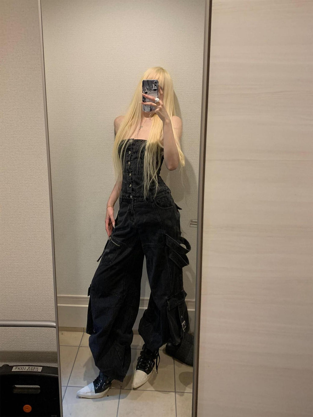 Rase le sol Black Multi Pocket Bustier Jumpsuit Women's Denim Baggy Jeans