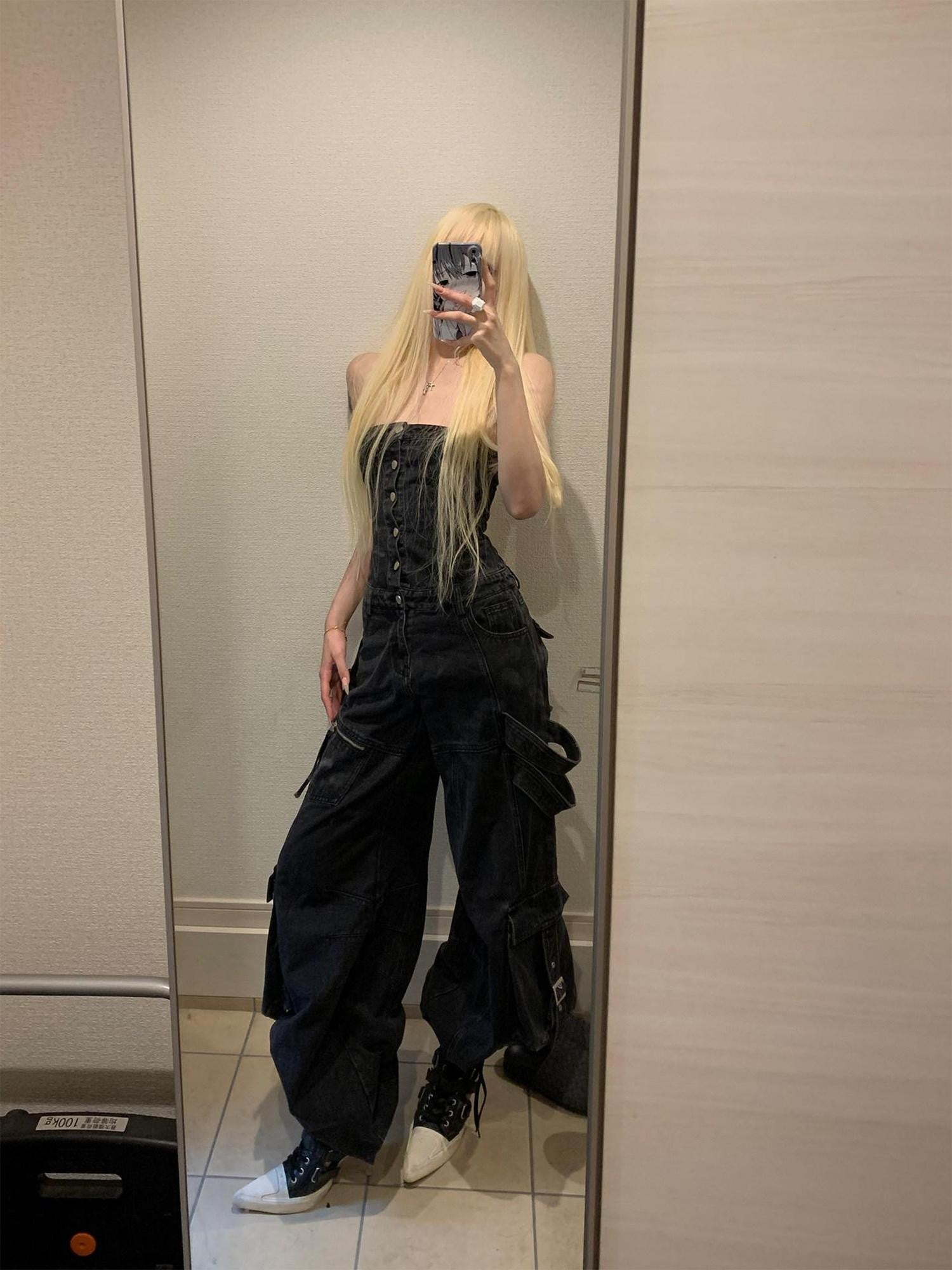 Rase le sol Black Multi Pocket Bustier Jumpsuit Women's Denim Baggy Jeans