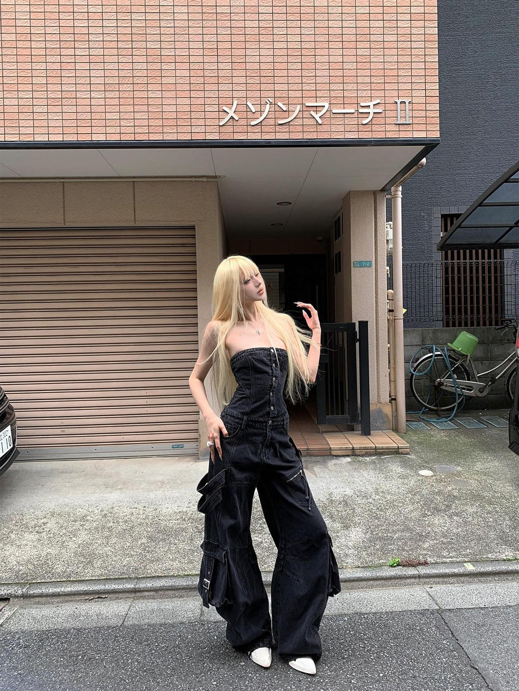 Rase le sol Black Multi Pocket Bustier Jumpsuit Women's Denim Baggy Jeans