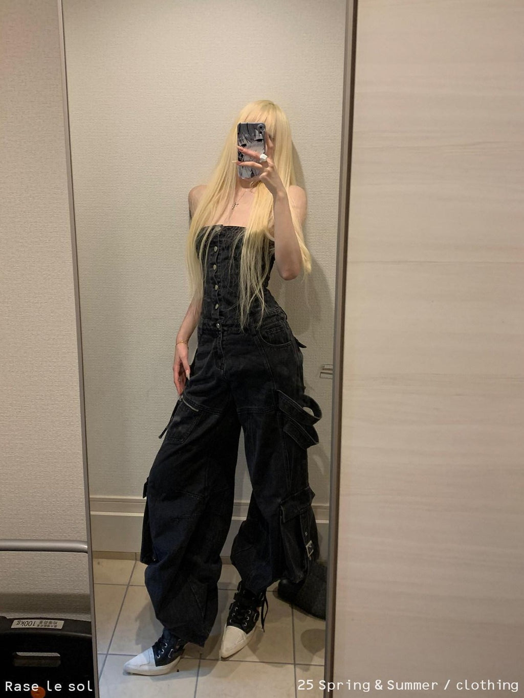 Rase le sol Black Multi Pocket Bustier Jumpsuit Women's Denim Baggy Jeans