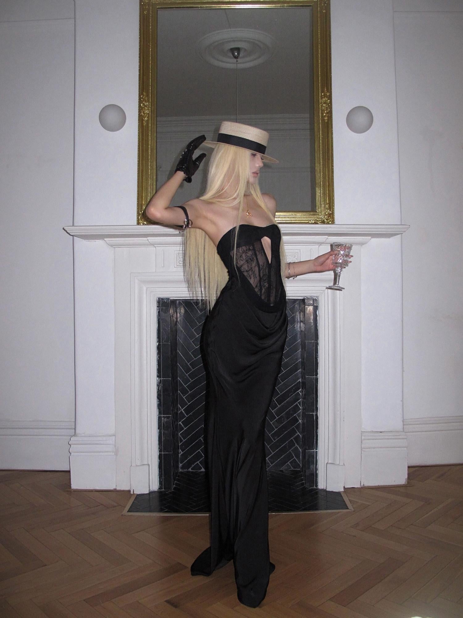 Rase le sol Black Openwork Cutout Lace Women's Satin Strapless Maxi Dresses