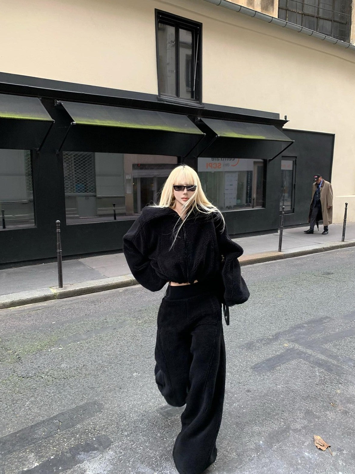 Rase le sol Black Oversized Loose Jacket And Pants Women's Fleece Casual Top & Pants Sets
