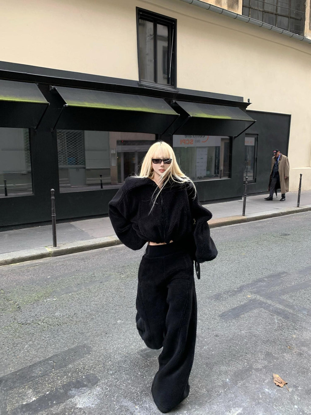 Rase le sol Black Oversized Loose Jacket And Pants Women's Fleece Casual Top & Pants Sets