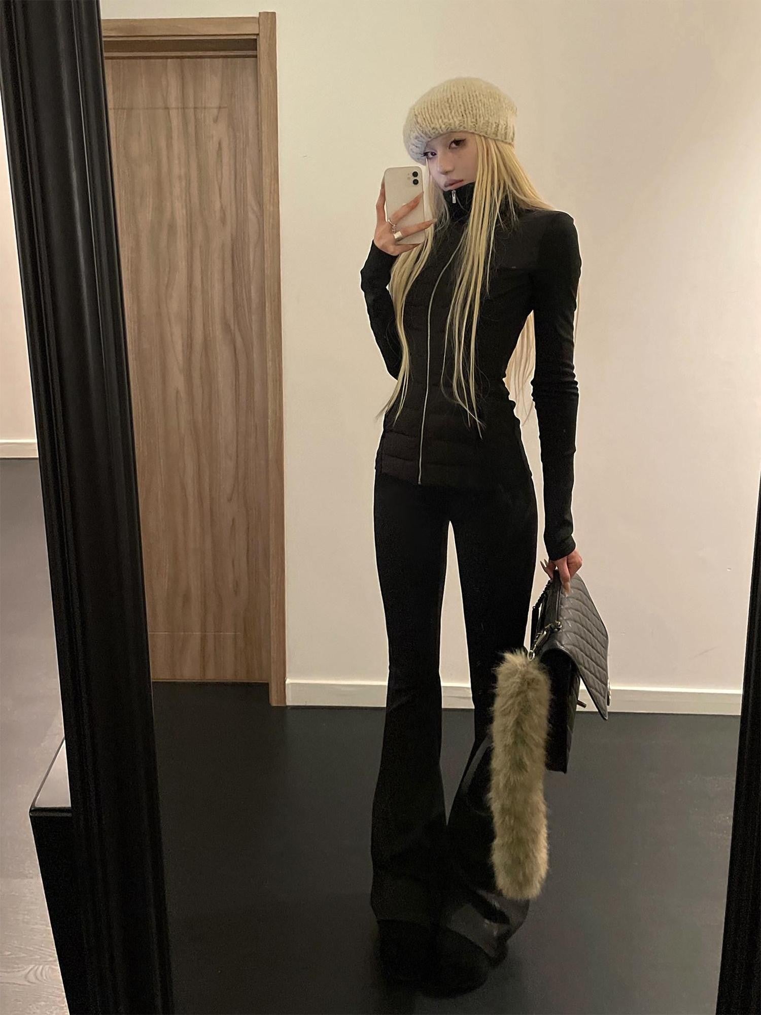 Rase le sol Black Patchwork Ribbed Slim Quilted Women's Down Cropped Jackets