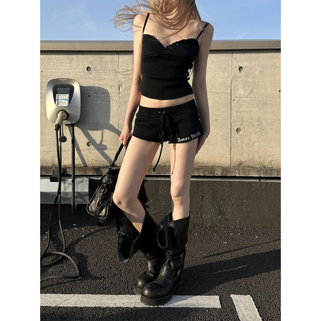Rase_le_sol_Black_Pink_American_Vintage_Washed_Frayed_Hem_Drawstring_Women's_Hot_Pants_1050327768071_MISSTT