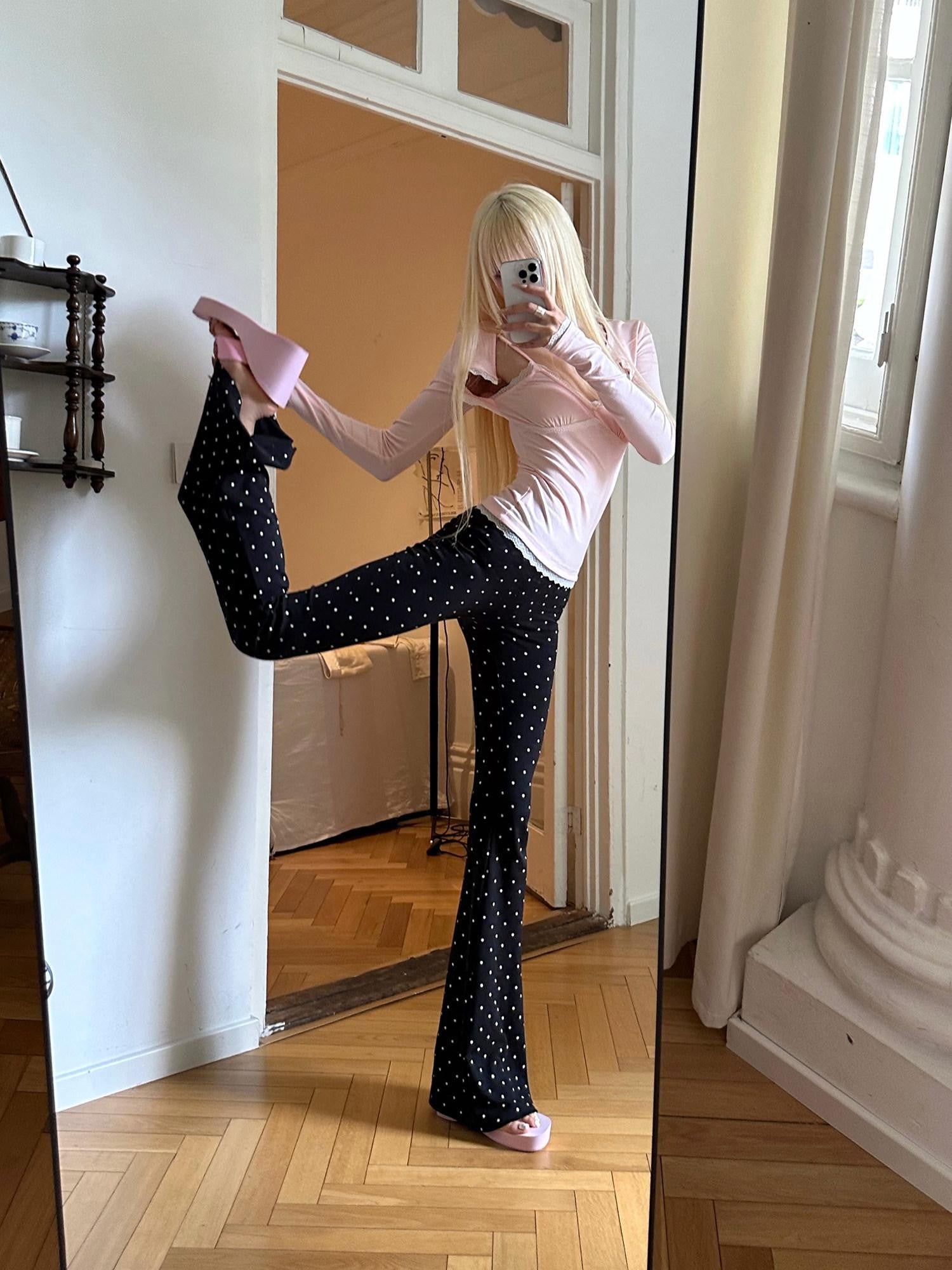 Rase le sol Black Polka Dot Low Rise Tight Women's Elastic Bootcut Pants