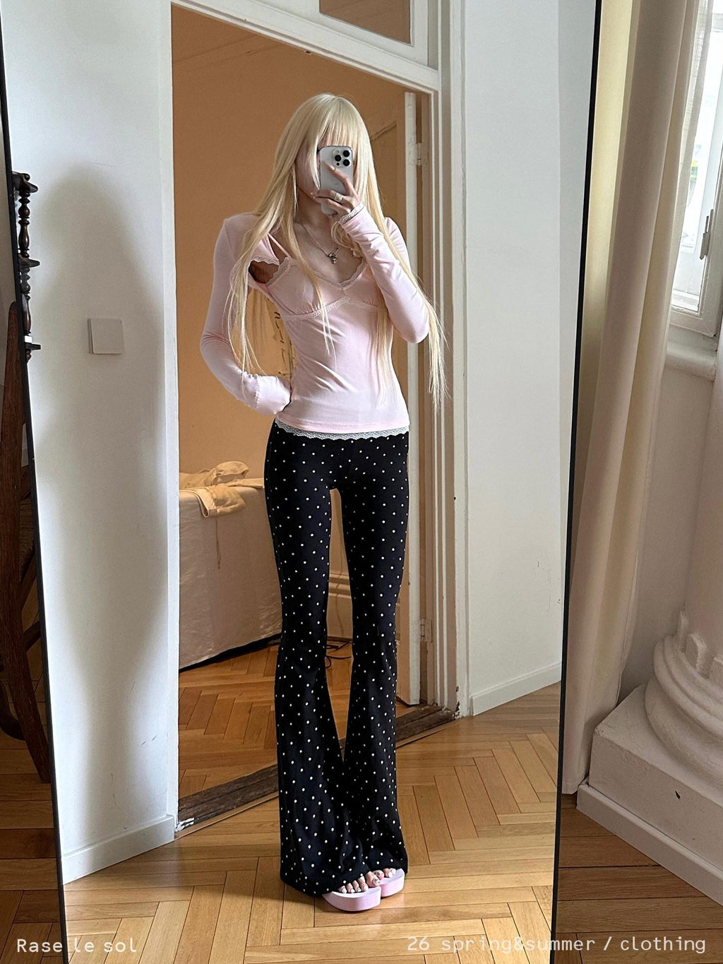 Rase le sol Black Polka Dot Low Rise Tight Women's Elastic Bootcut Pants