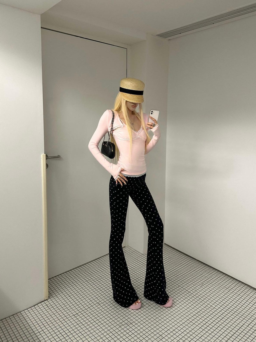 Rase le sol Black Polka Dot Low Rise Tight Women's Elastic Bootcut Pants