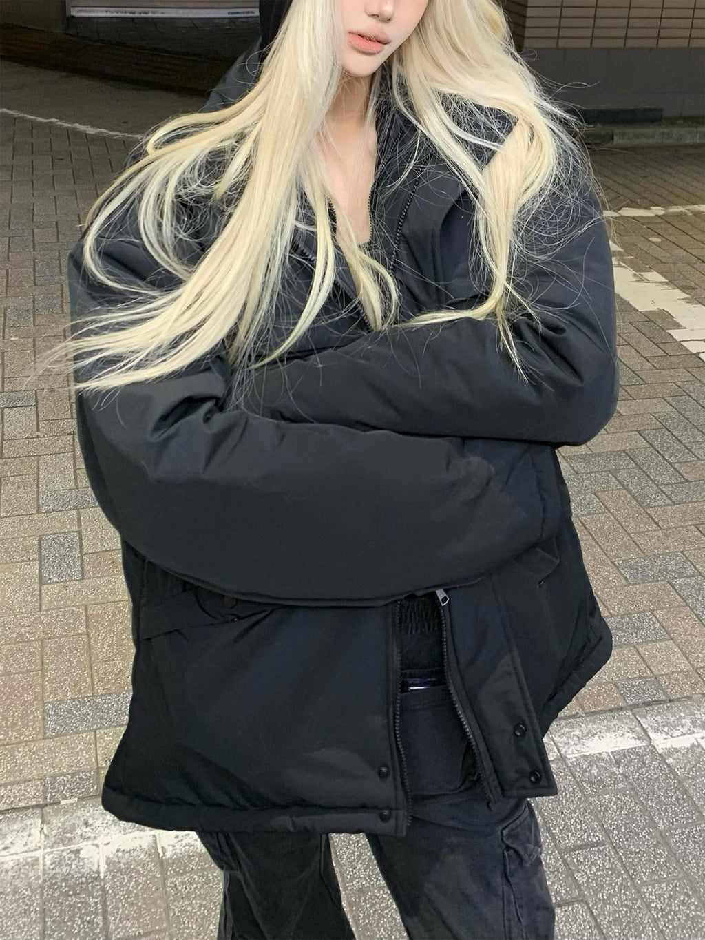 Rase le sol Black Short Stand Collar Loose Women's Quilted Cotton Padded Puffer Jackets