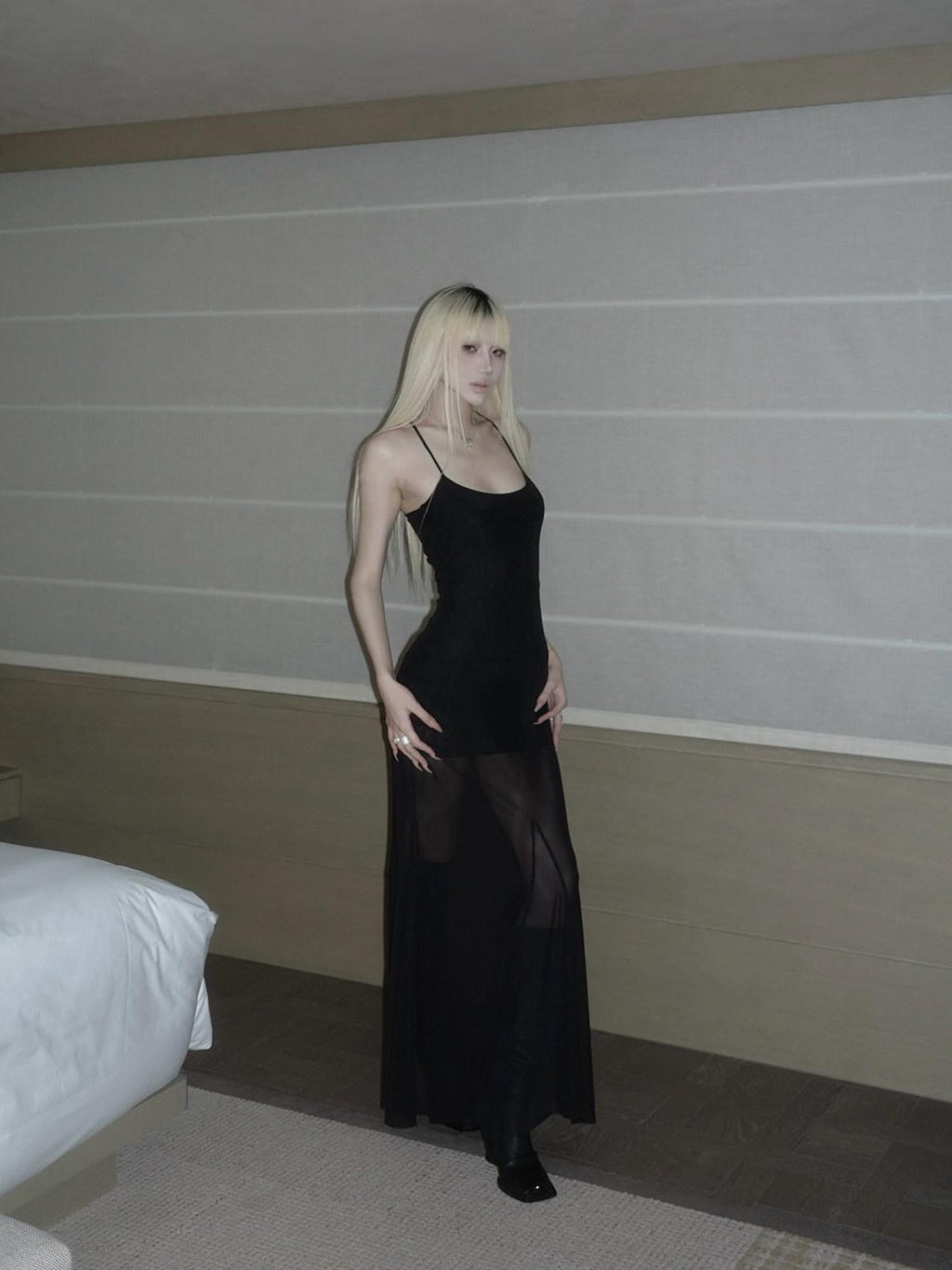 Rase le sol Black Spaghetti Strap Women's Mesh Tulle Bodycon Maxi Dresses