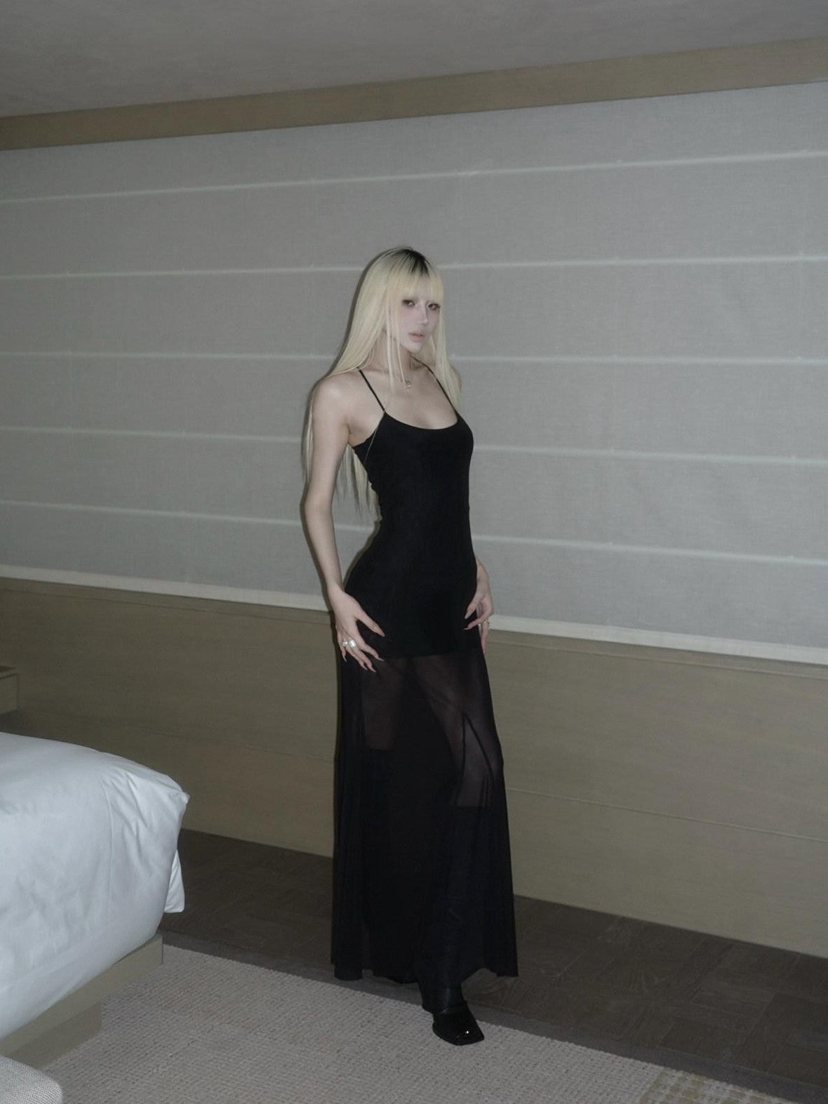 Rase le sol Black Spaghetti Strap Women's Mesh Tulle Bodycon Maxi Dresses
