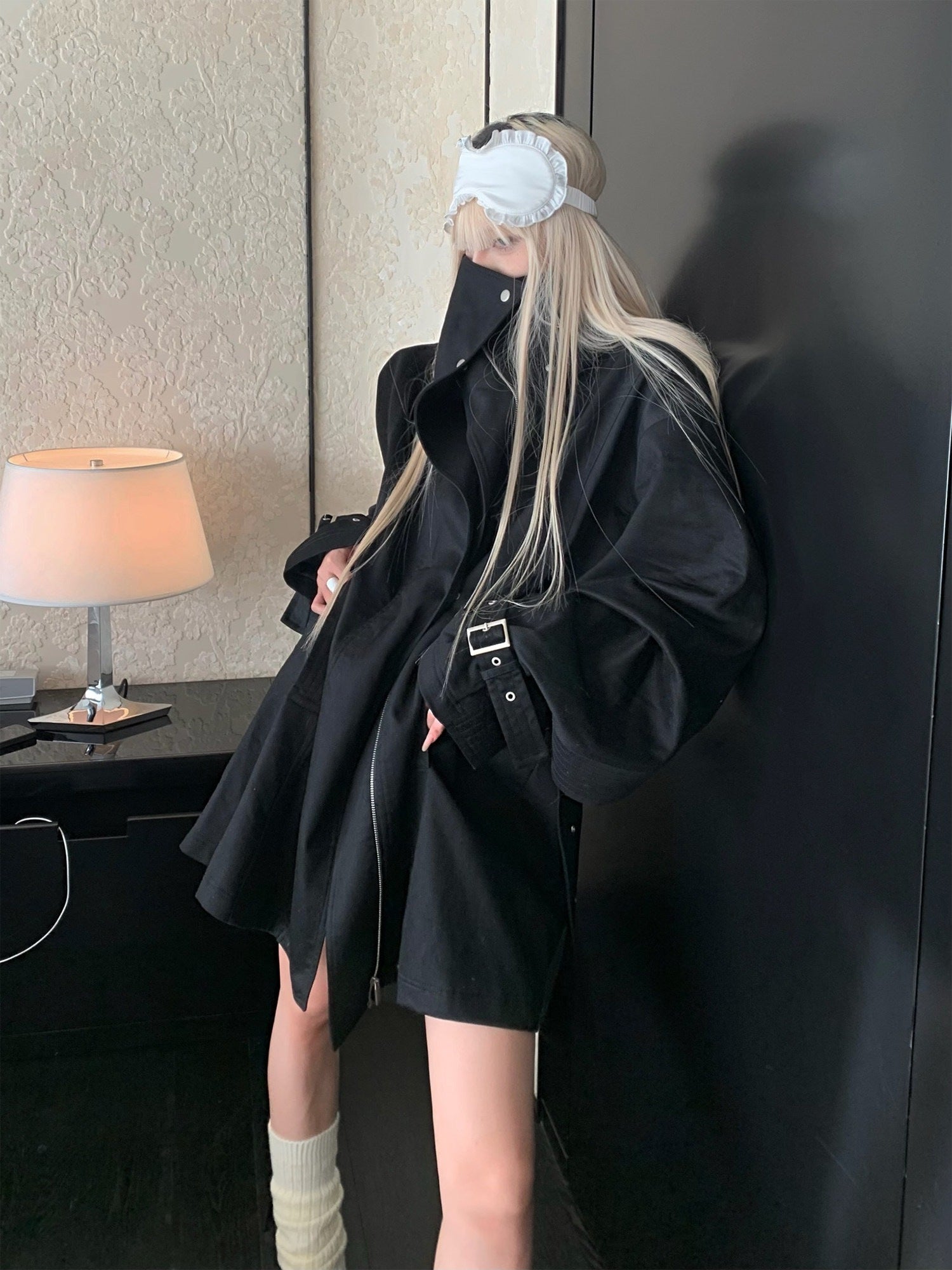 Rase_le_sol_Black_Stand_Collar_Utilitarian_Loose_Mid_Length_Women's_Trench_Coats_841021828036_MISSTT