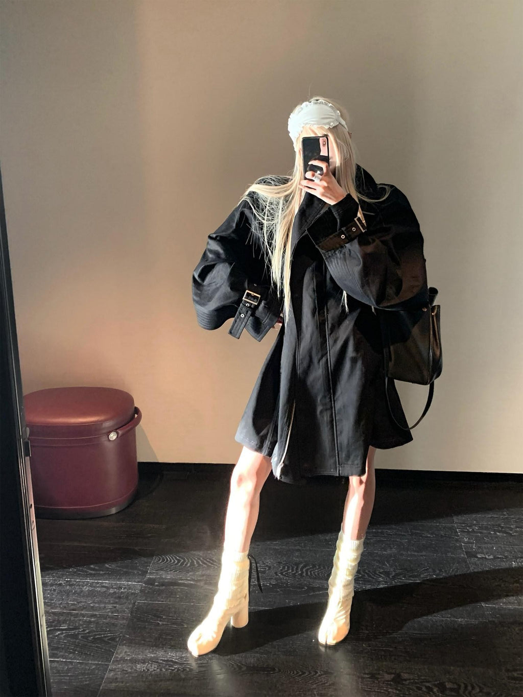 Rase le sol Black Stand Collar Utilitarian Loose Mid Length Women's Trench Coats