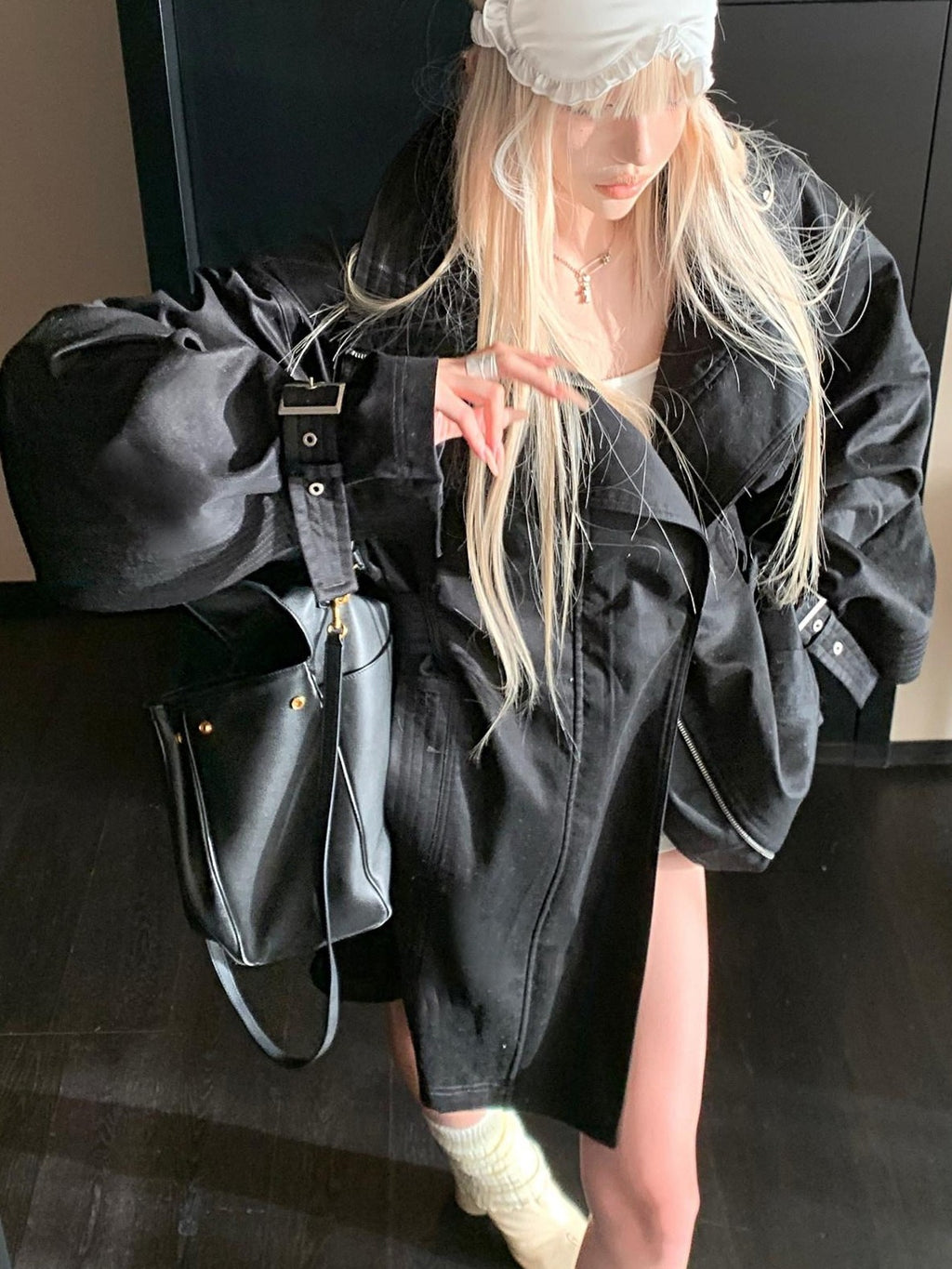 Rase le sol Black Stand Collar Utilitarian Loose Mid Length Women's Trench Coats