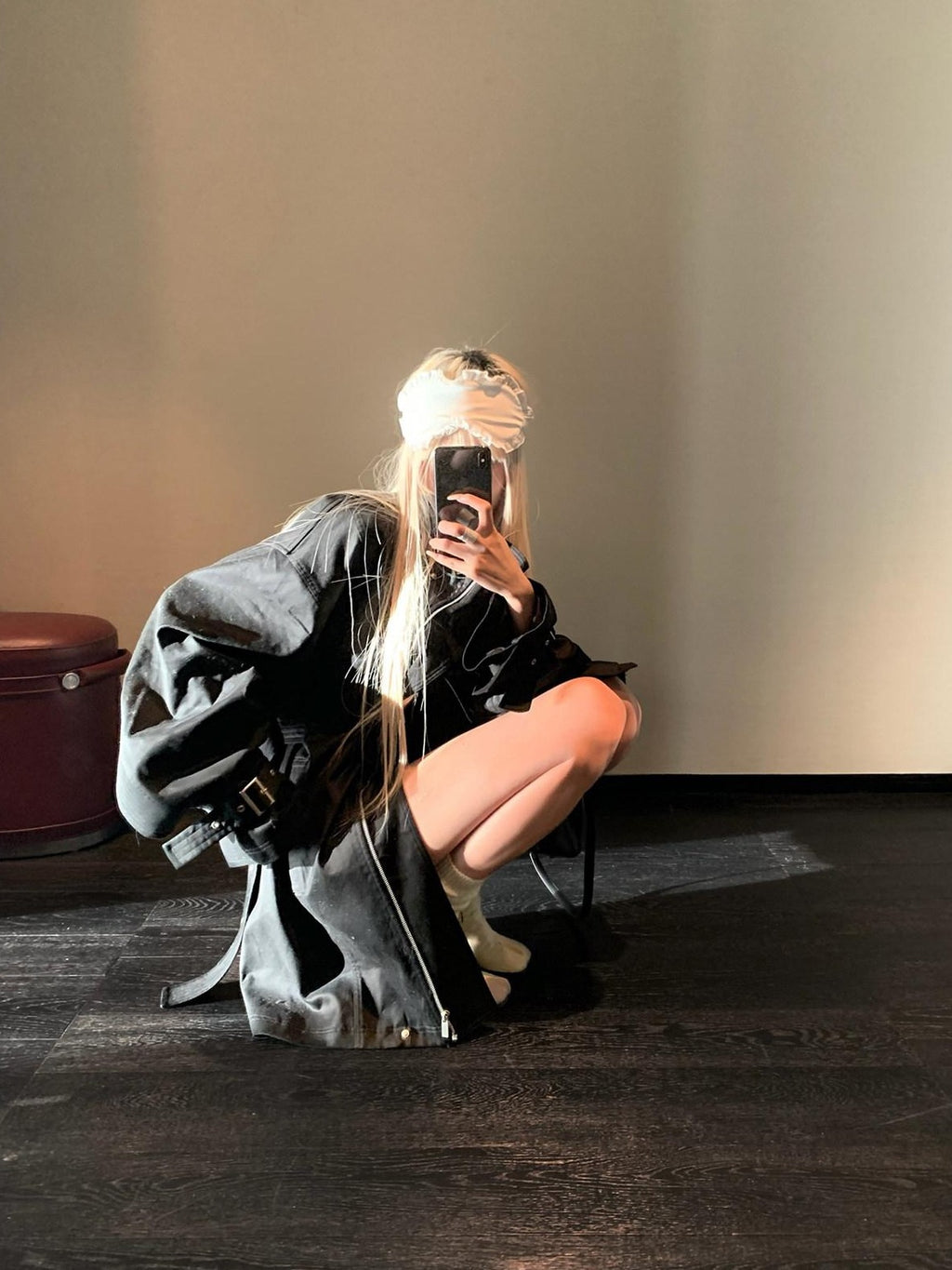Rase le sol Black Stand Collar Utilitarian Loose Mid Length Women's Trench Coats