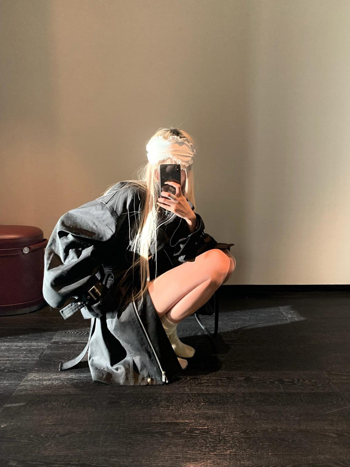 Rase le sol Black Stand Collar Utilitarian Loose Mid Length Women's Trench Coats