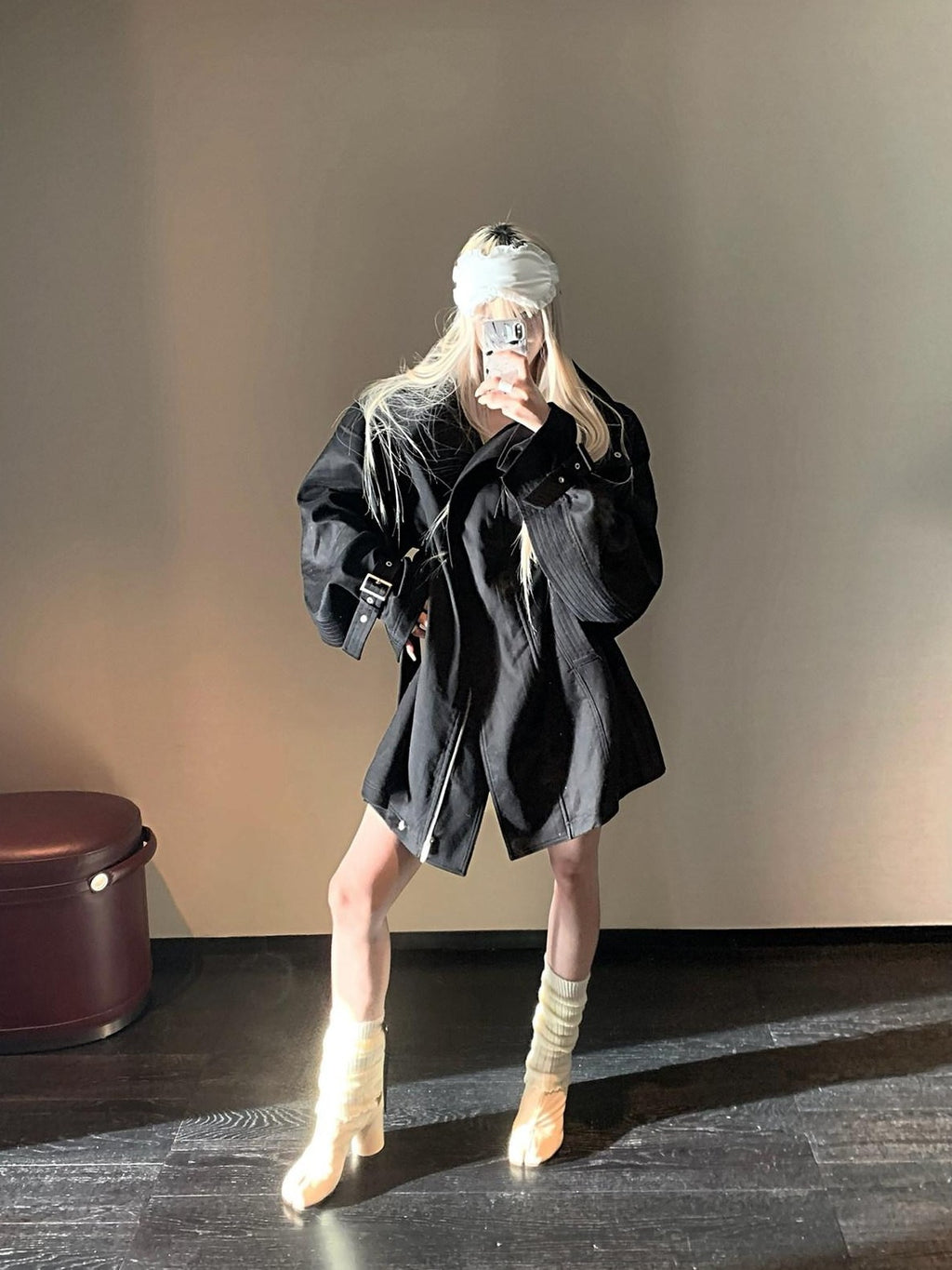 Rase le sol Black Stand Collar Utilitarian Loose Mid Length Women's Trench Coats