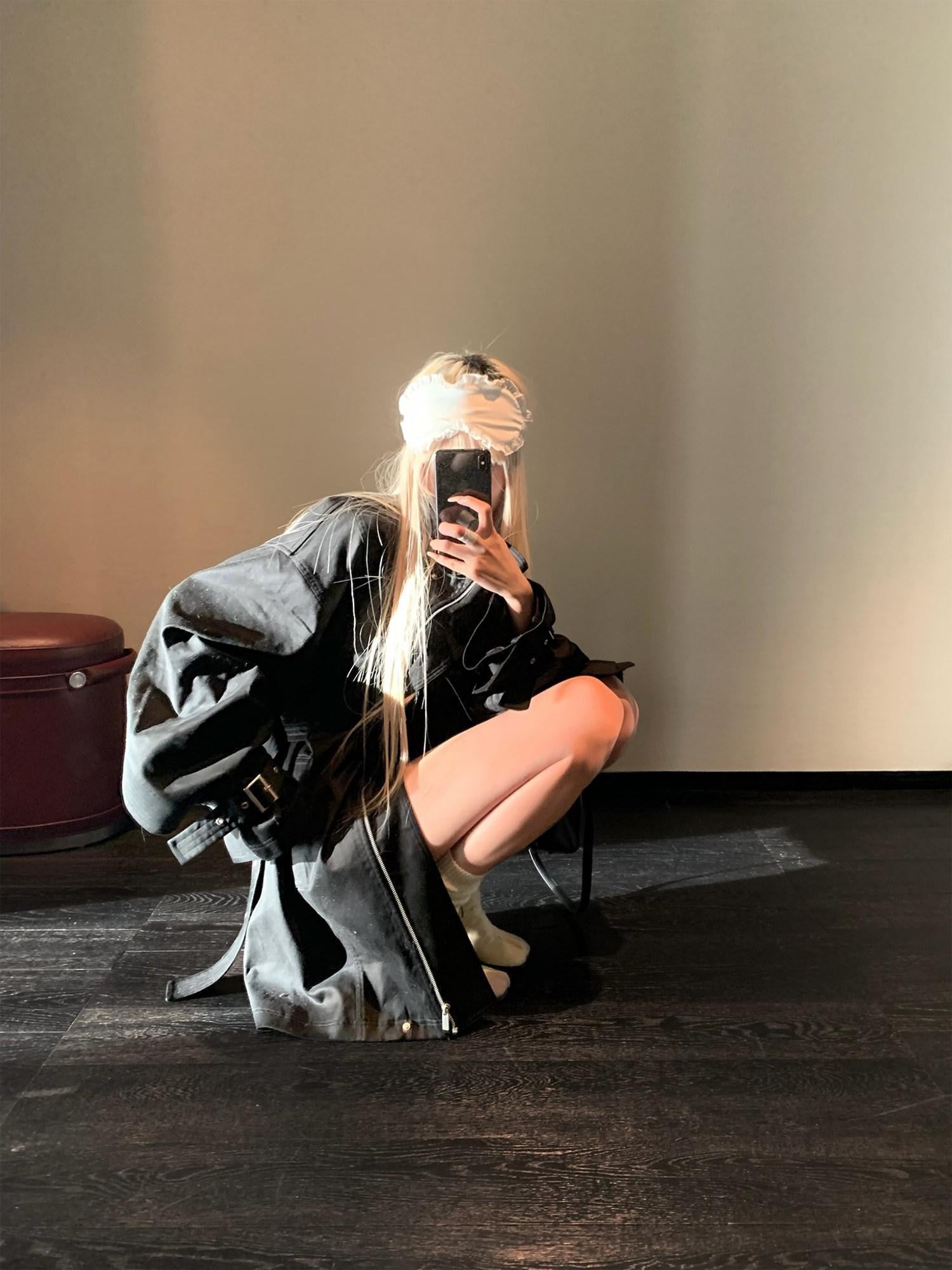 Rase le sol Black Stand Collar Utilitarian Loose Mid Length Women's Trench Coats