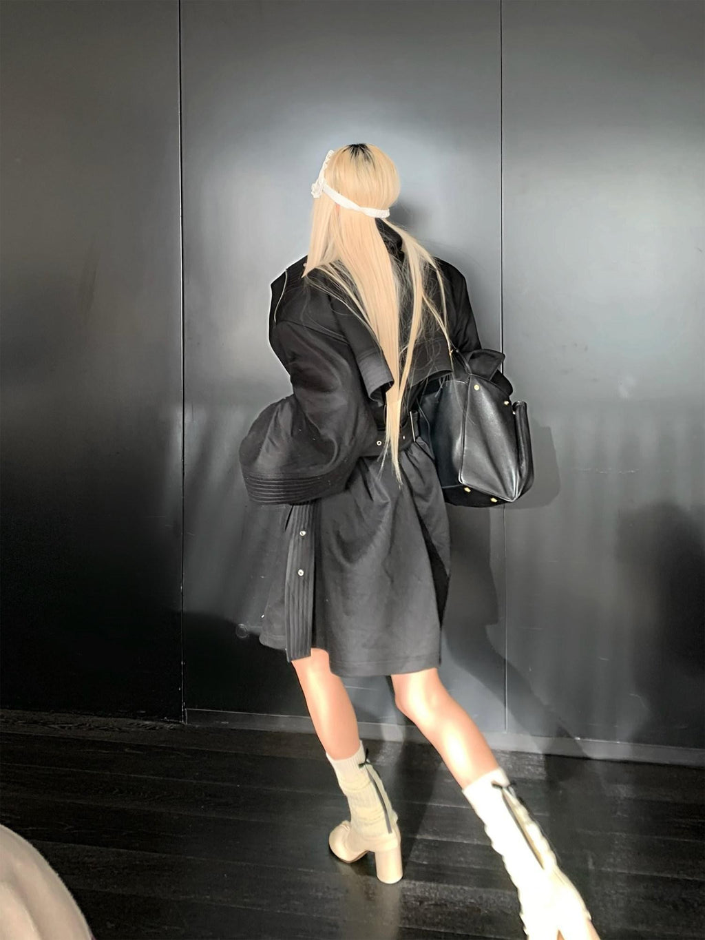 Rase le sol Black Stand Collar Utilitarian Loose Mid Length Women's Trench Coats