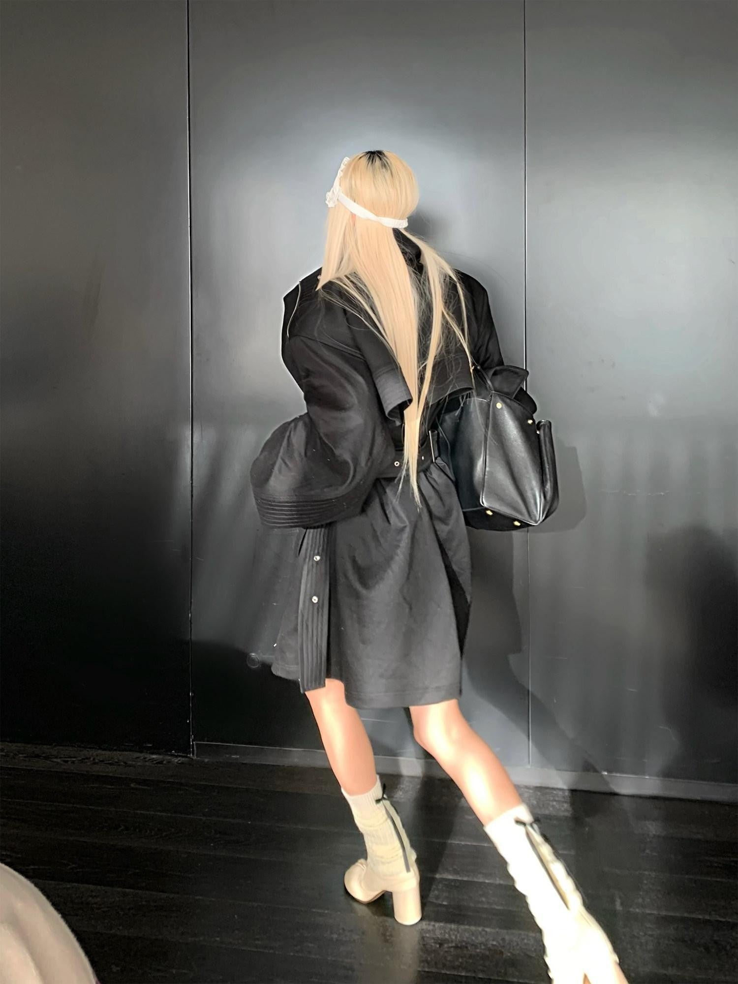 Rase le sol Black Stand Collar Utilitarian Loose Mid Length Women's Trench Coats