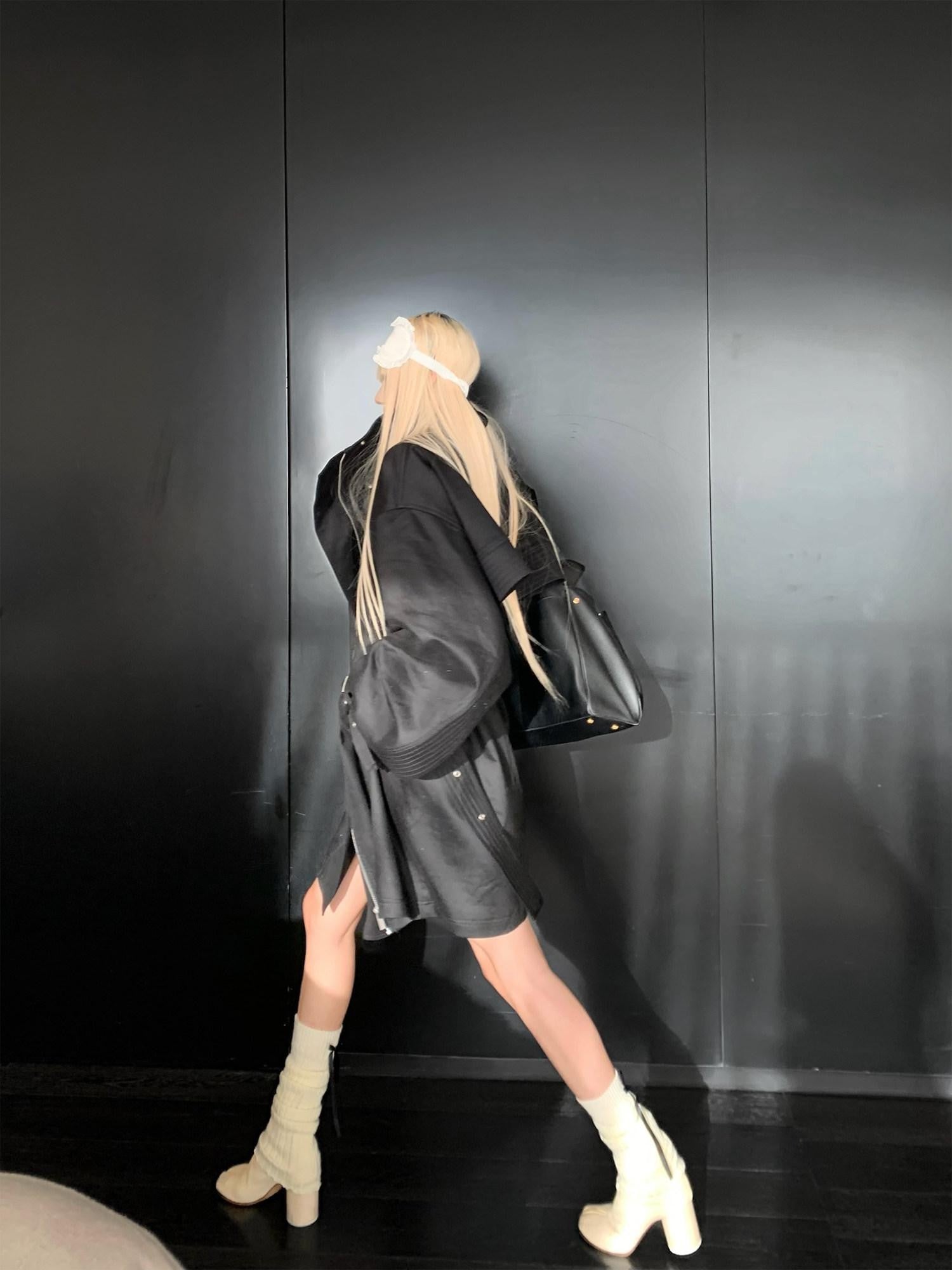 Rase le sol Black Stand Collar Utilitarian Loose Mid Length Women's Trench Coats