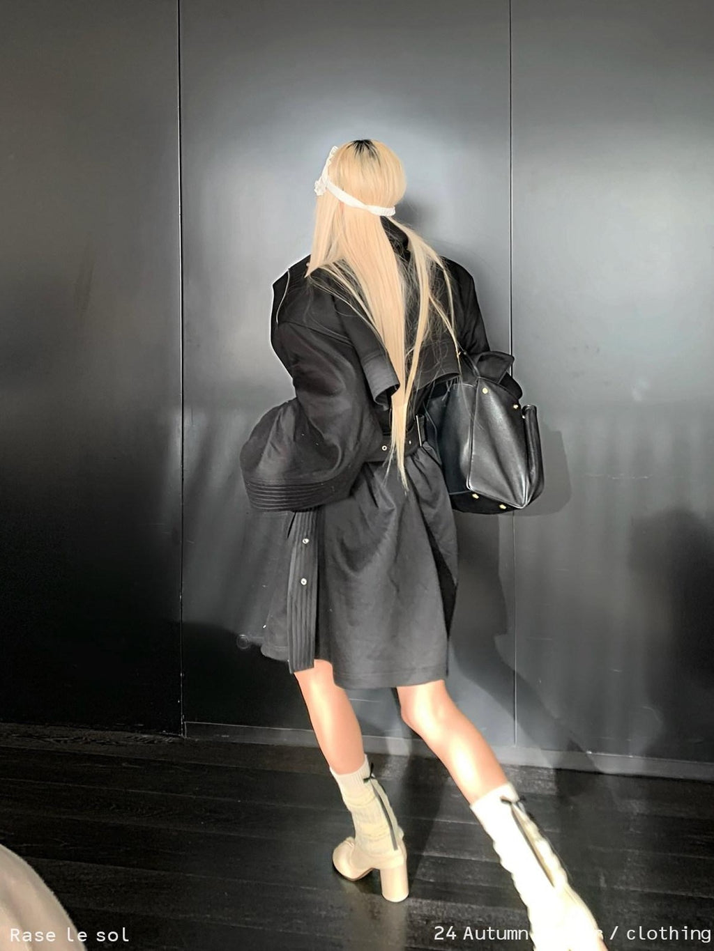 Rase le sol Black Stand Collar Utilitarian Loose Mid Length Women's Trench Coats