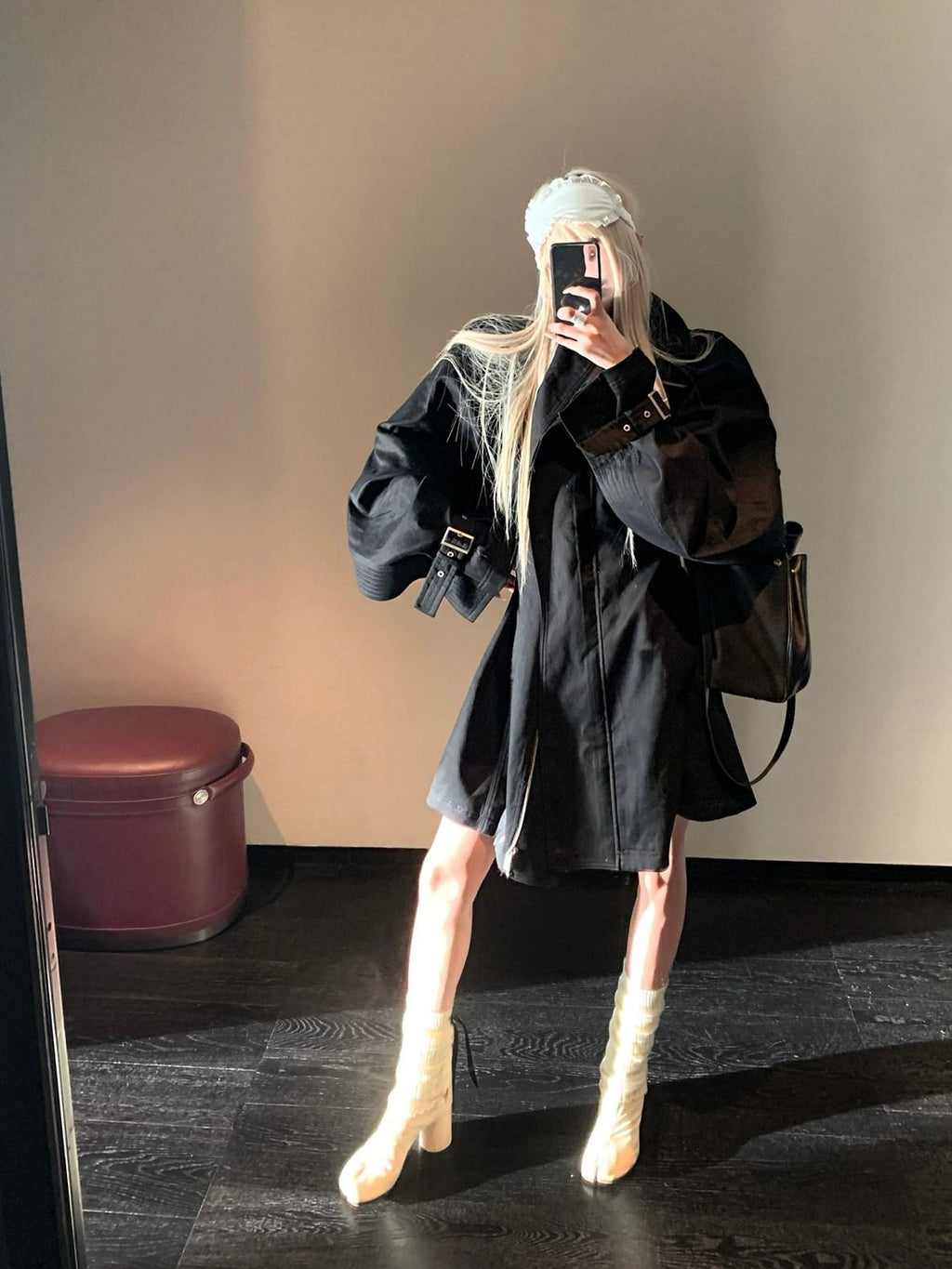 Rase le sol Black Stand Collar Utilitarian Loose Mid Length Women's Trench Coats