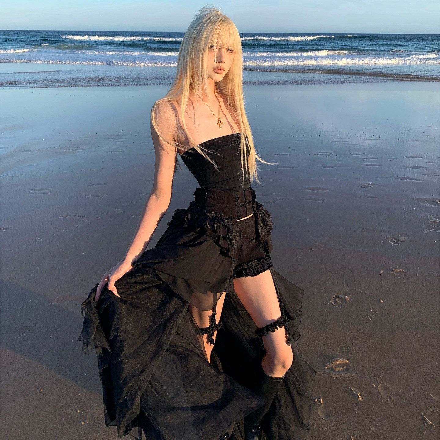 Rase_le_sol_Black_Strapless_Bustier_And_Shorts_Women's_Tulle_Matching_Skirt_Sets_1028919046092_MISSTT