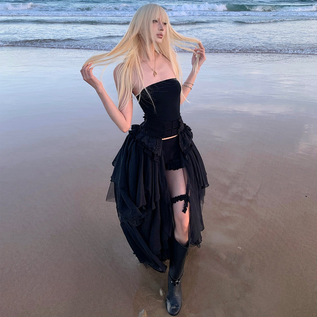 Rase_le_sol_Black_Strapless_Bustier_And_Shorts_Women's_Tulle_Matching_Skirt_Sets_1028919046092_MISSTT
