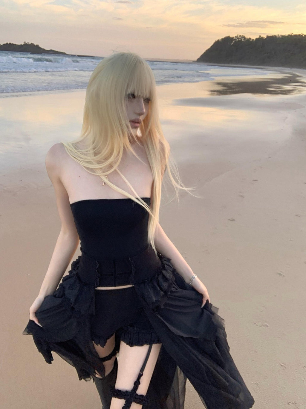 Rase le sol Black Strapless Bustier And Shorts Women's Tulle Matching Skirt Sets