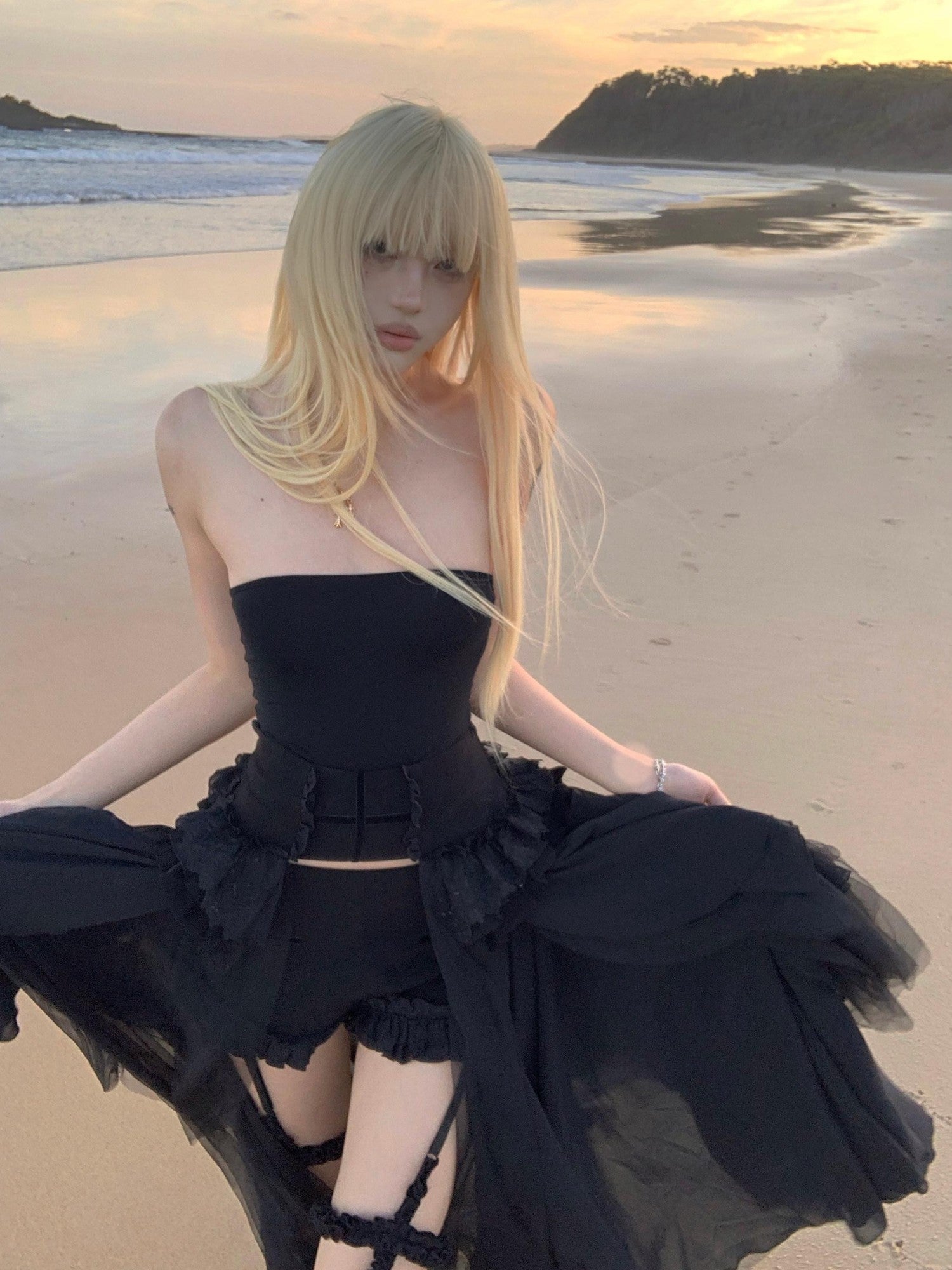 Rase le sol Black Strapless Bustier And Shorts Women's Tulle Matching Skirt Sets