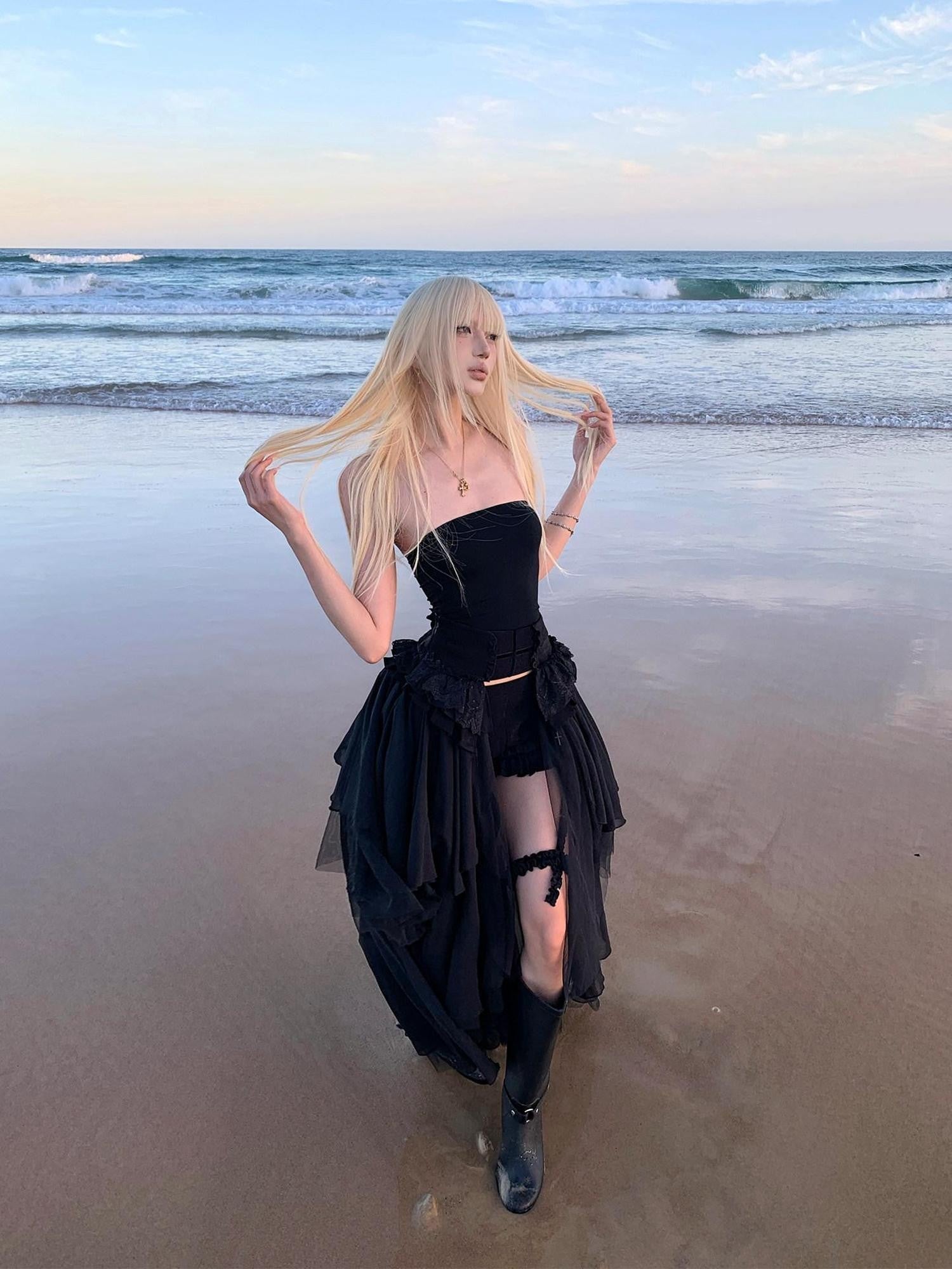 Rase le sol Black Strapless Bustier And Shorts Women's Tulle Matching Skirt Sets