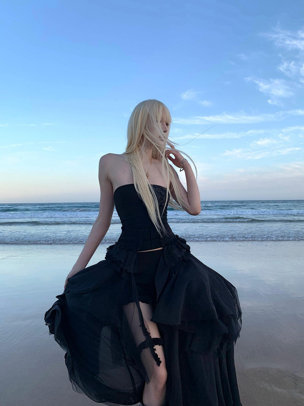 Rase le sol Black Strapless Bustier And Shorts Women's Tulle Matching Skirt Sets