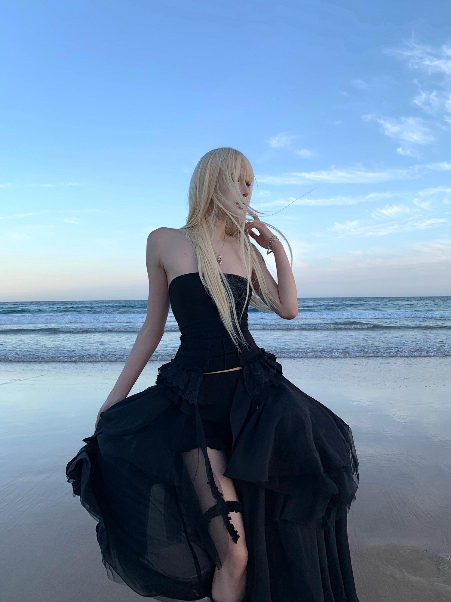 Rase le sol Black Strapless Bustier And Shorts Women's Tulle Matching Skirt Sets