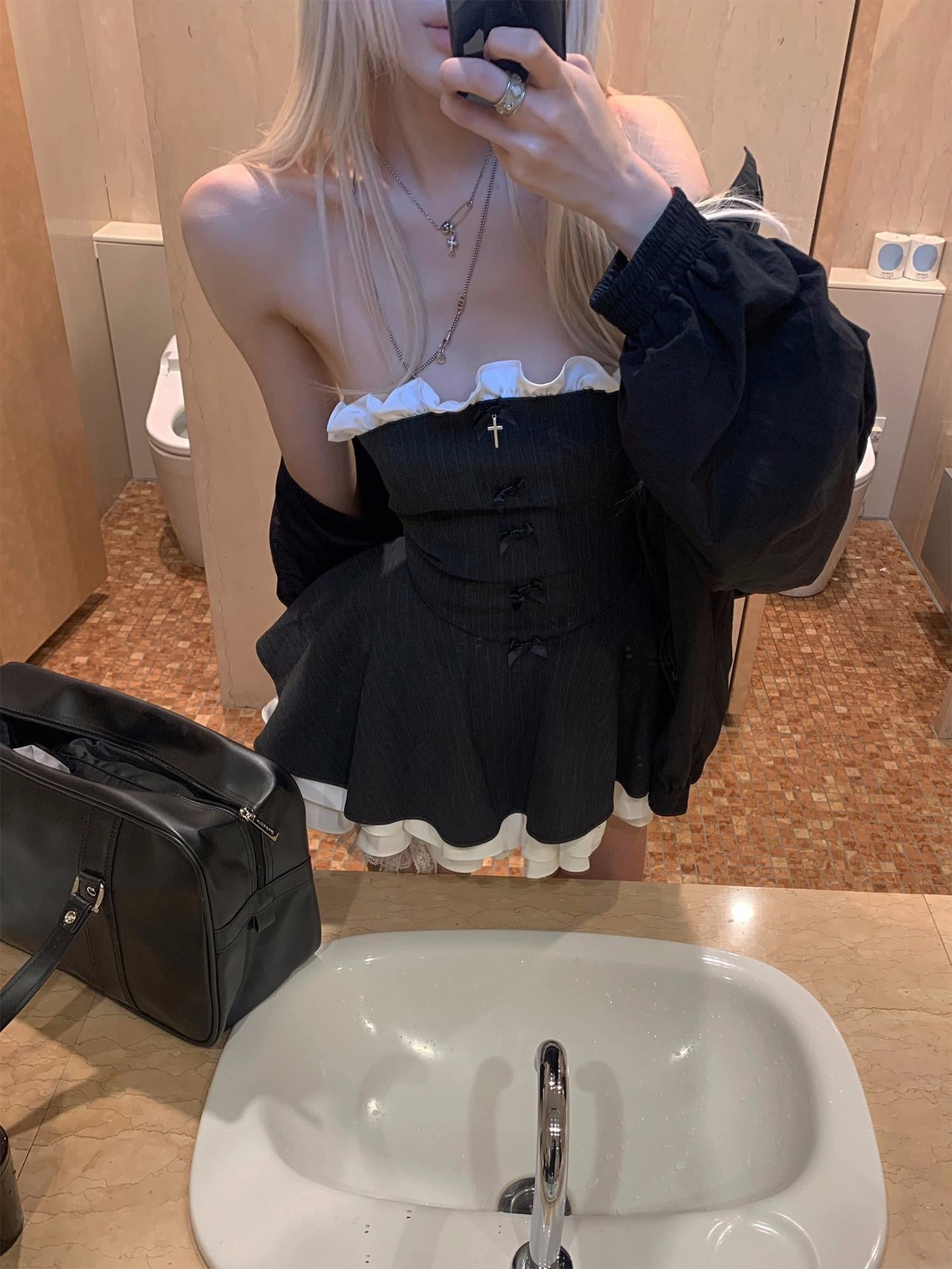 Rase le sol Black Strapless Cake Tiered Puff Ruffle Women's Tube Mini Dresses