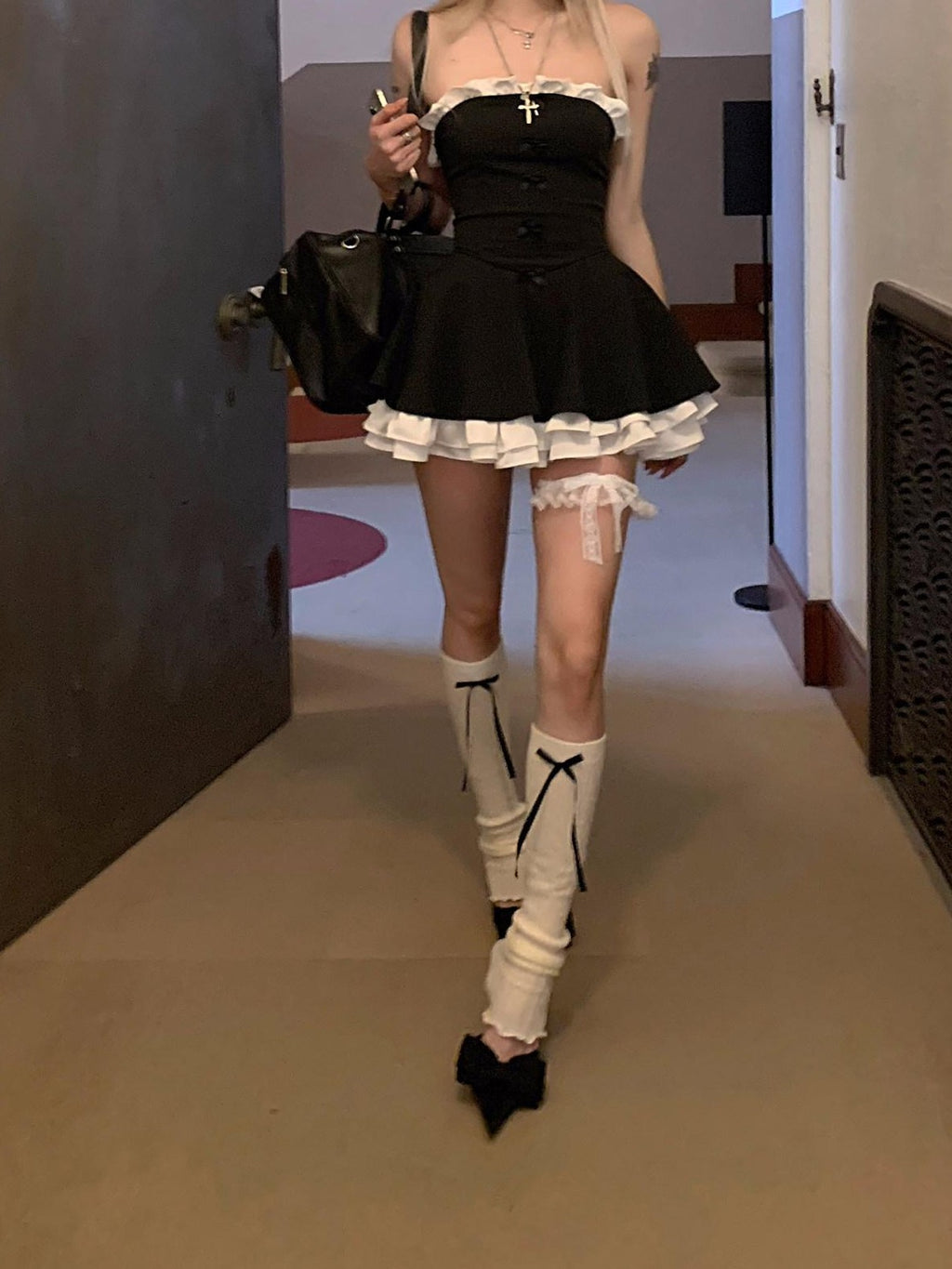 Rase le sol Black Strapless Cake Tiered Puff Ruffle Women's Tube Mini Dresses