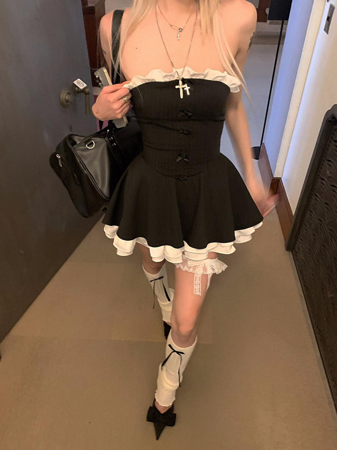 Rase le sol Black Strapless Cake Tiered Puff Ruffle Women's Tube Mini Dresses