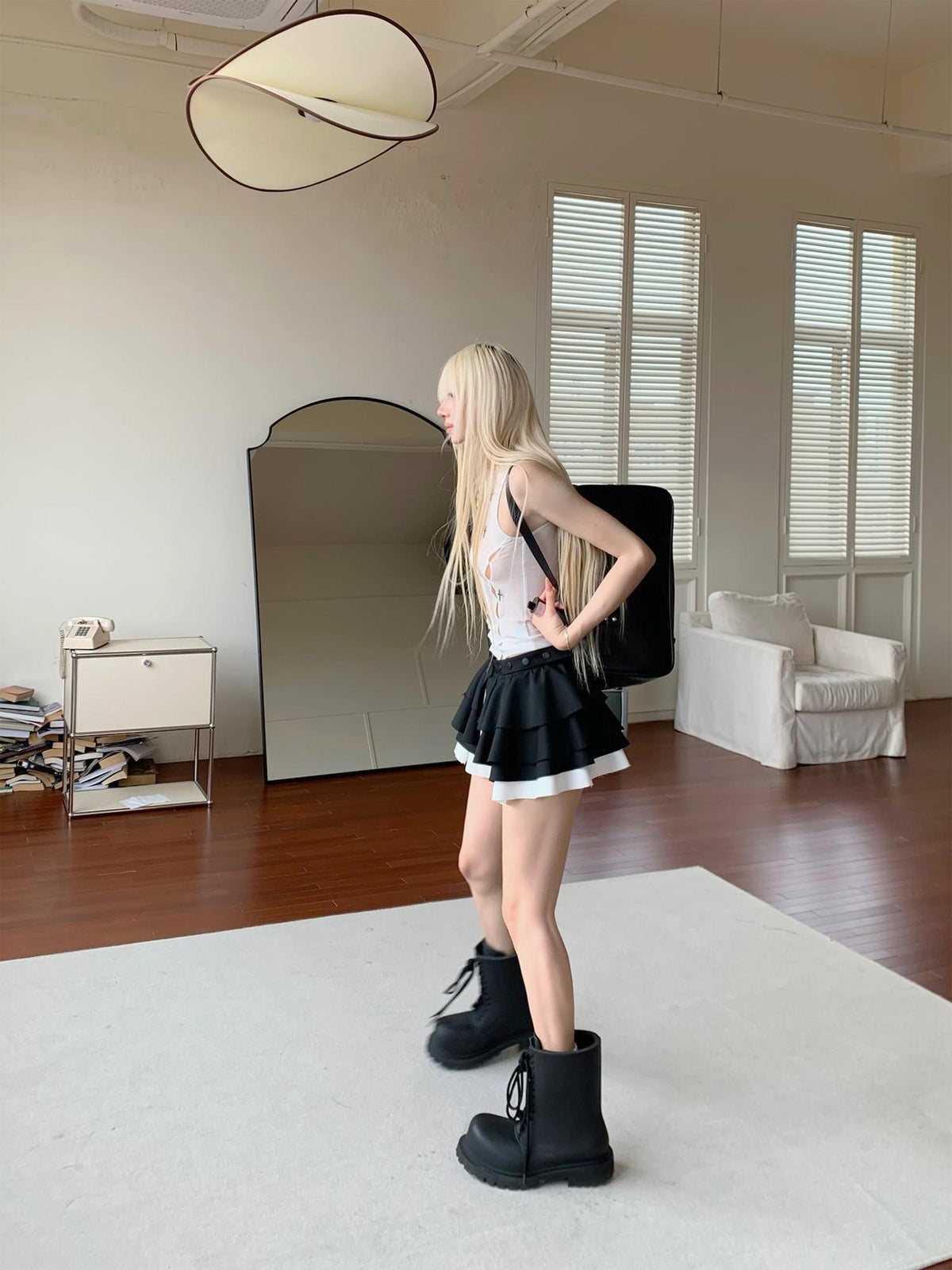 Rase le sol Black Tiered Ruffle Low Rise A Line Cotton Women's Mini Skirts