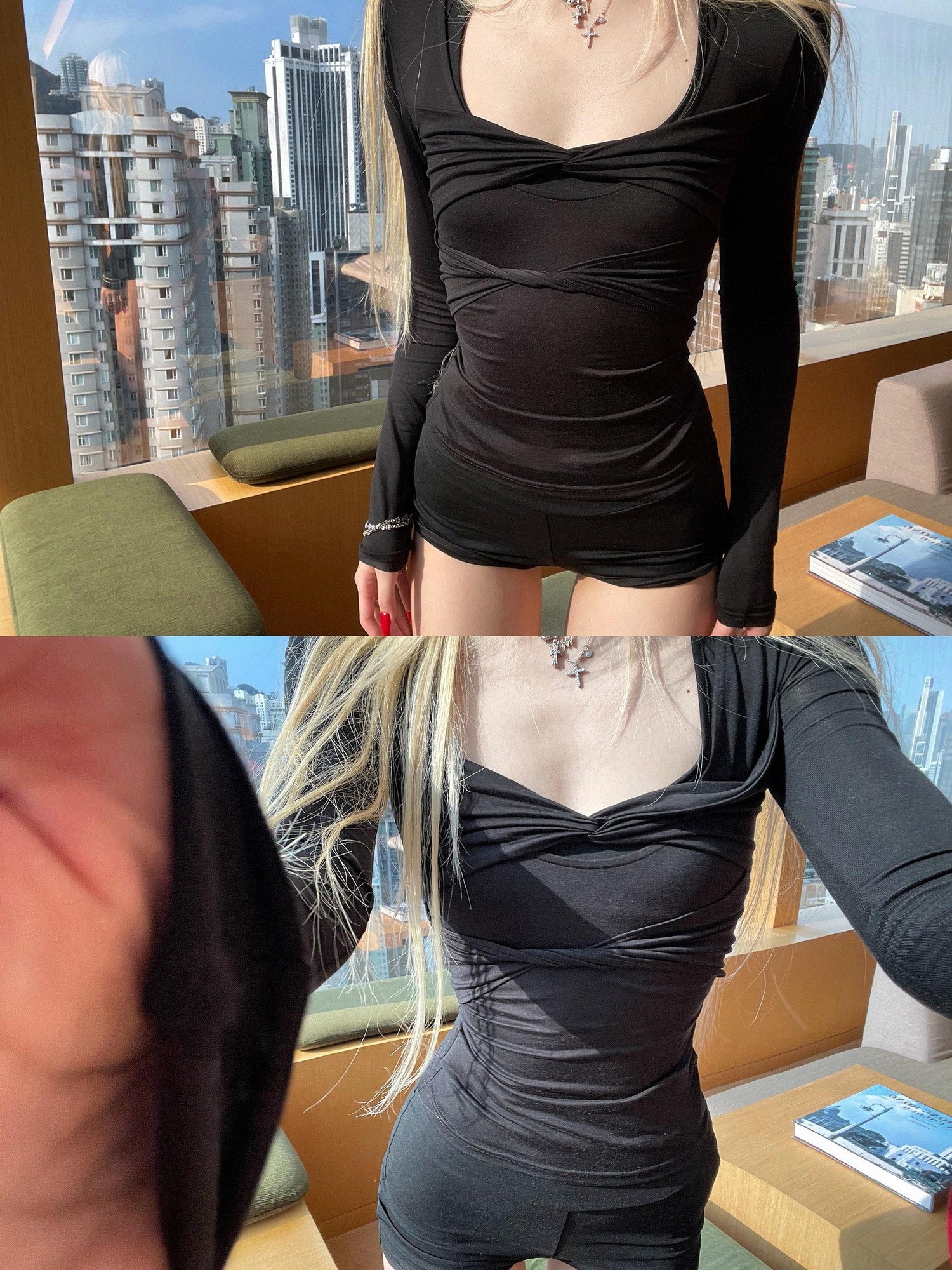 Rase le sol Black Twist Knot Long Sleeve T Shirt Women's Casual Top & Shorts Sets