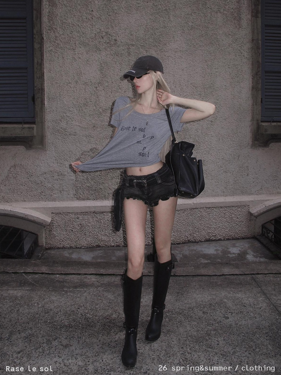 Rase le sol Black Washed Ruffle Lettuce Hem Low Rise Women's Denim Shorts