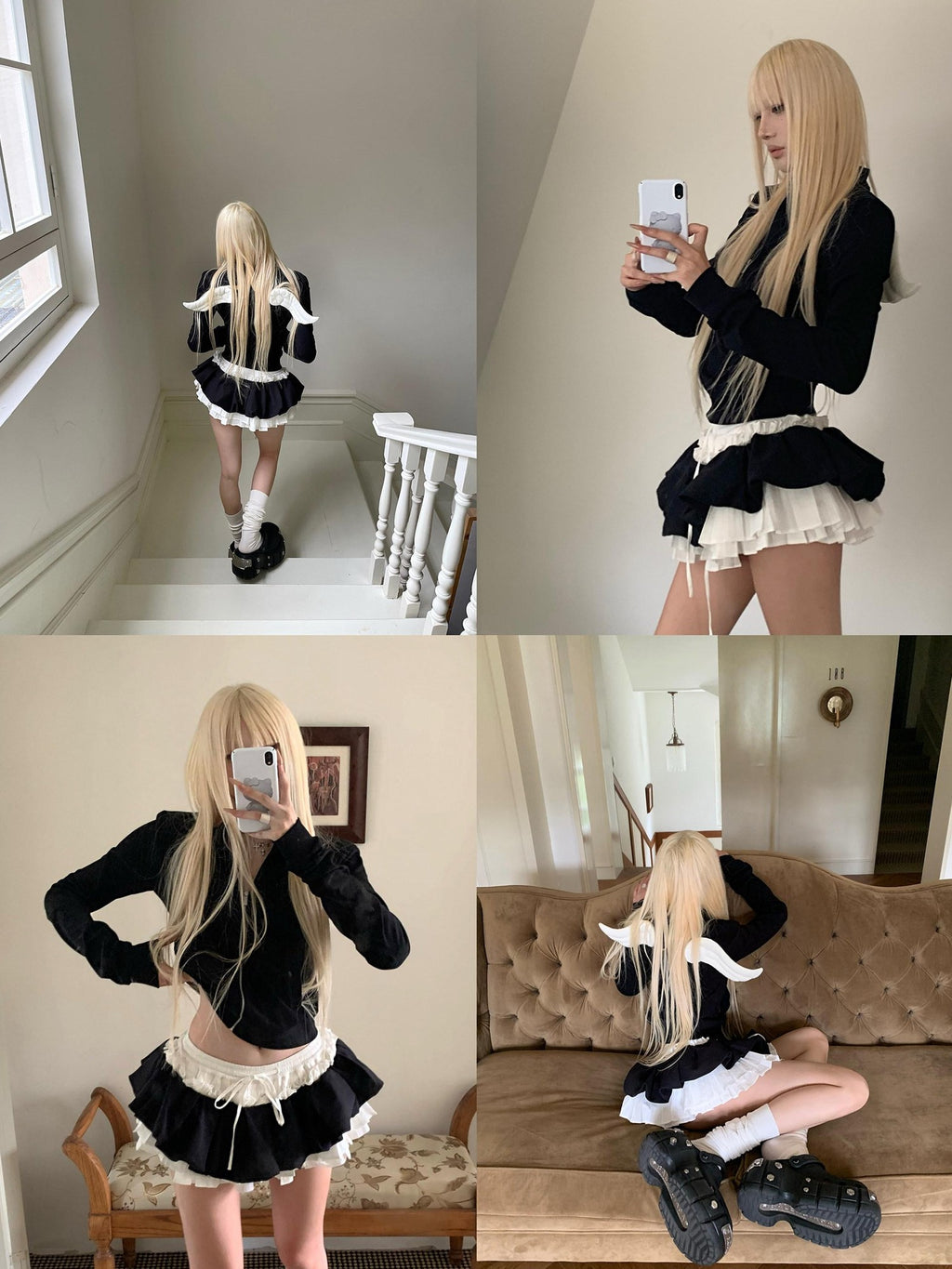 Rase le sol Black White Colorblock Drawstring Tulip Hem Women's Pleated Skirts