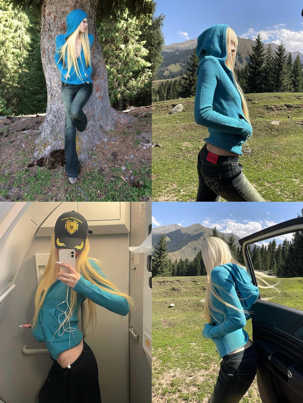 Rase le sol Blue Hooded Zip Up Slim Fit Women's Knit Cardigans