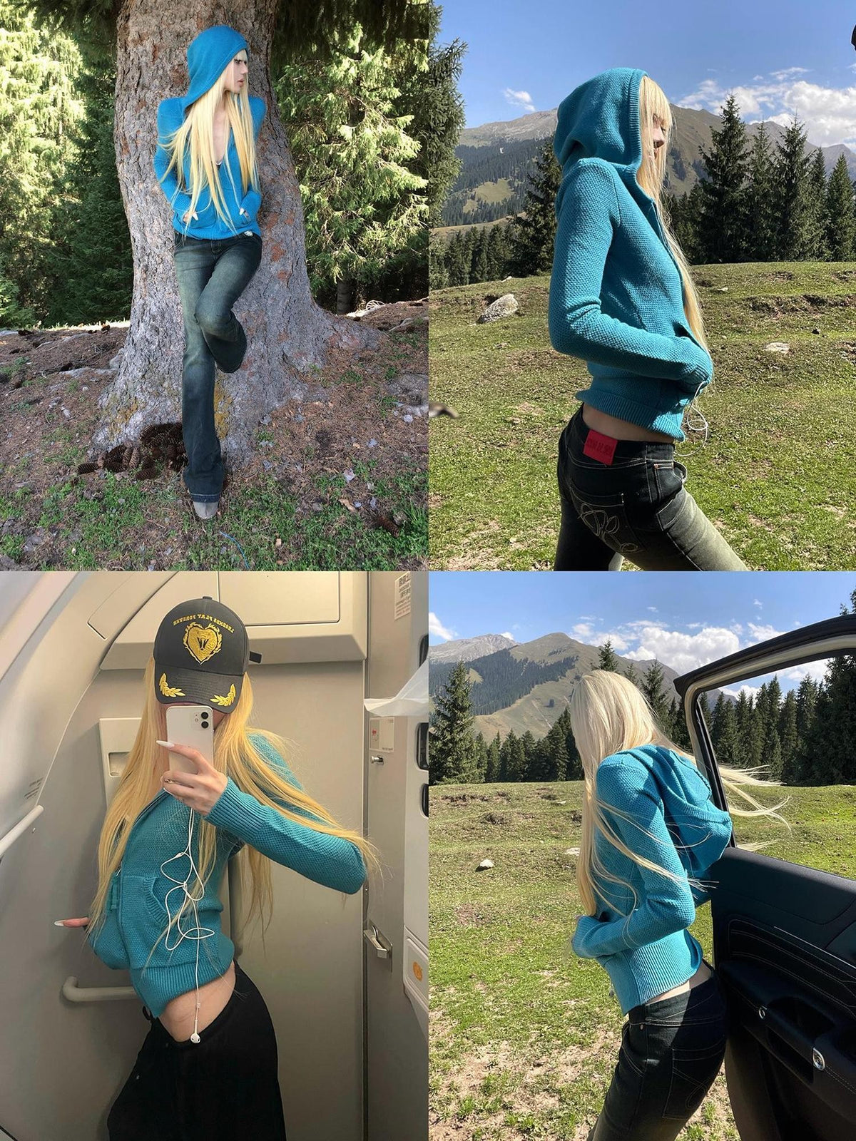 Rase le sol Blue Hooded Zip Up Slim Fit Women's Knit Cardigans