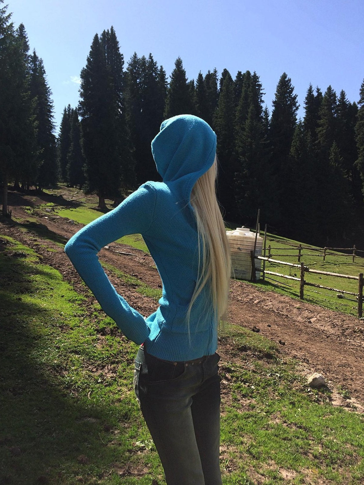 Rase le sol Blue Hooded Zip Up Slim Fit Women's Knit Cardigans