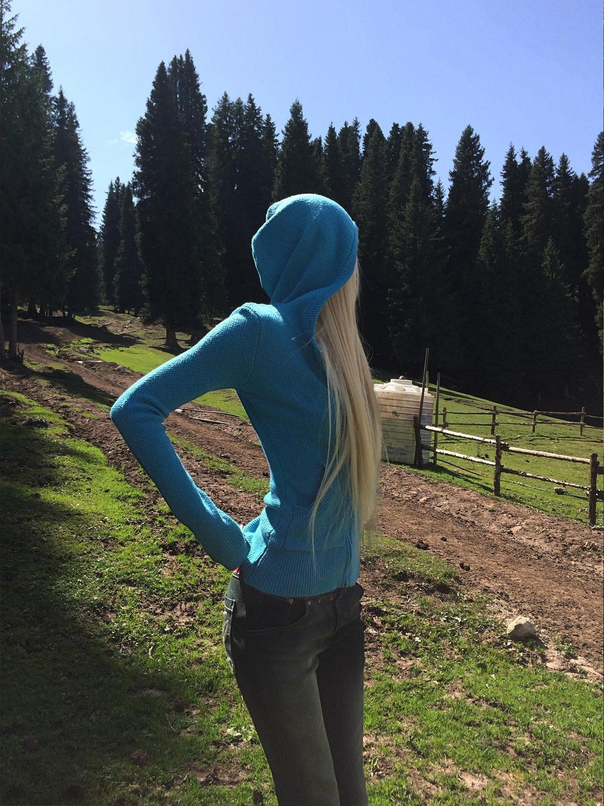 Rase le sol Blue Hooded Zip Up Slim Fit Women's Knit Cardigans