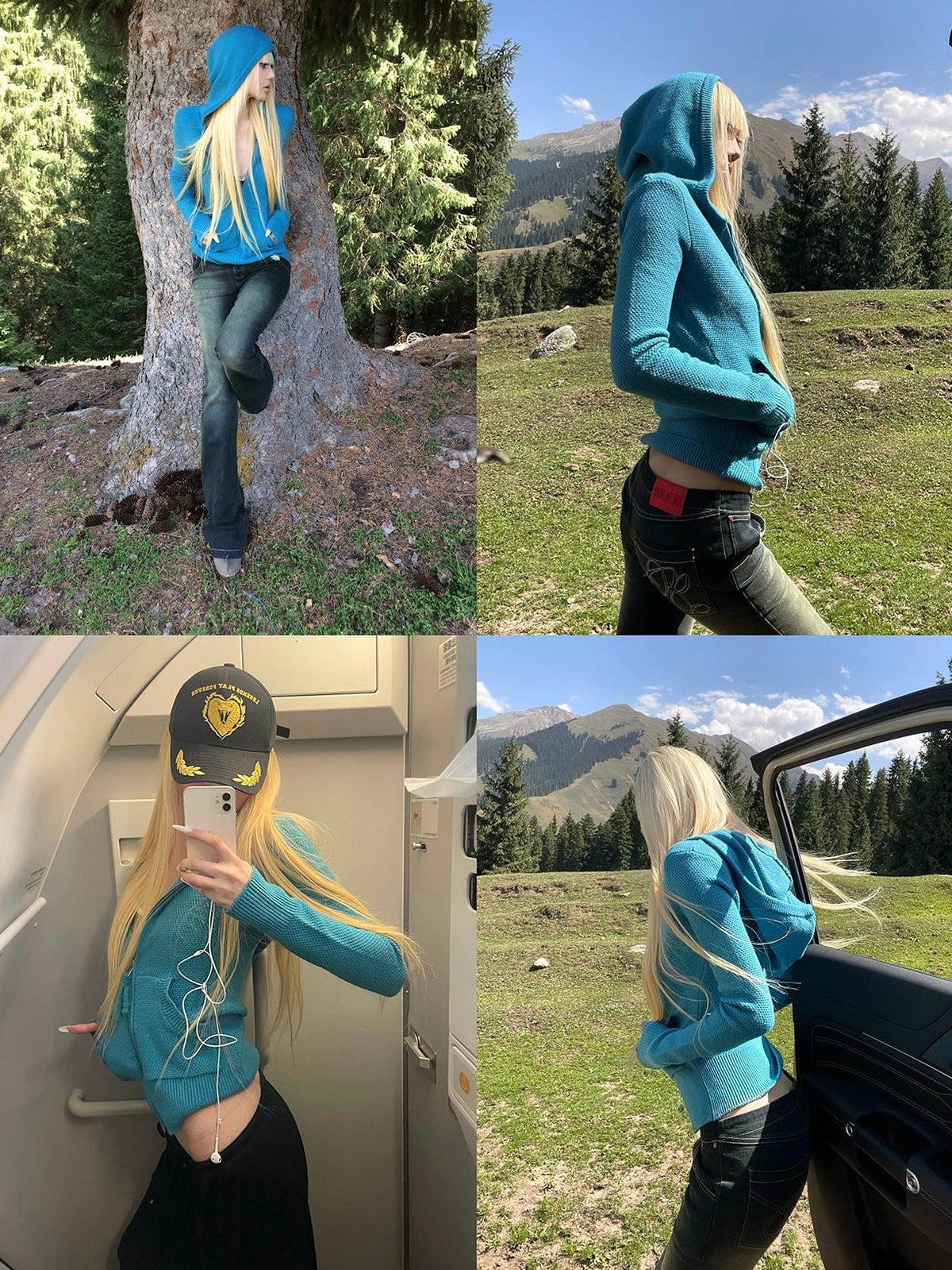 Rase le sol Blue Hooded Zip Up Slim Fit Women's Knit Cardigans