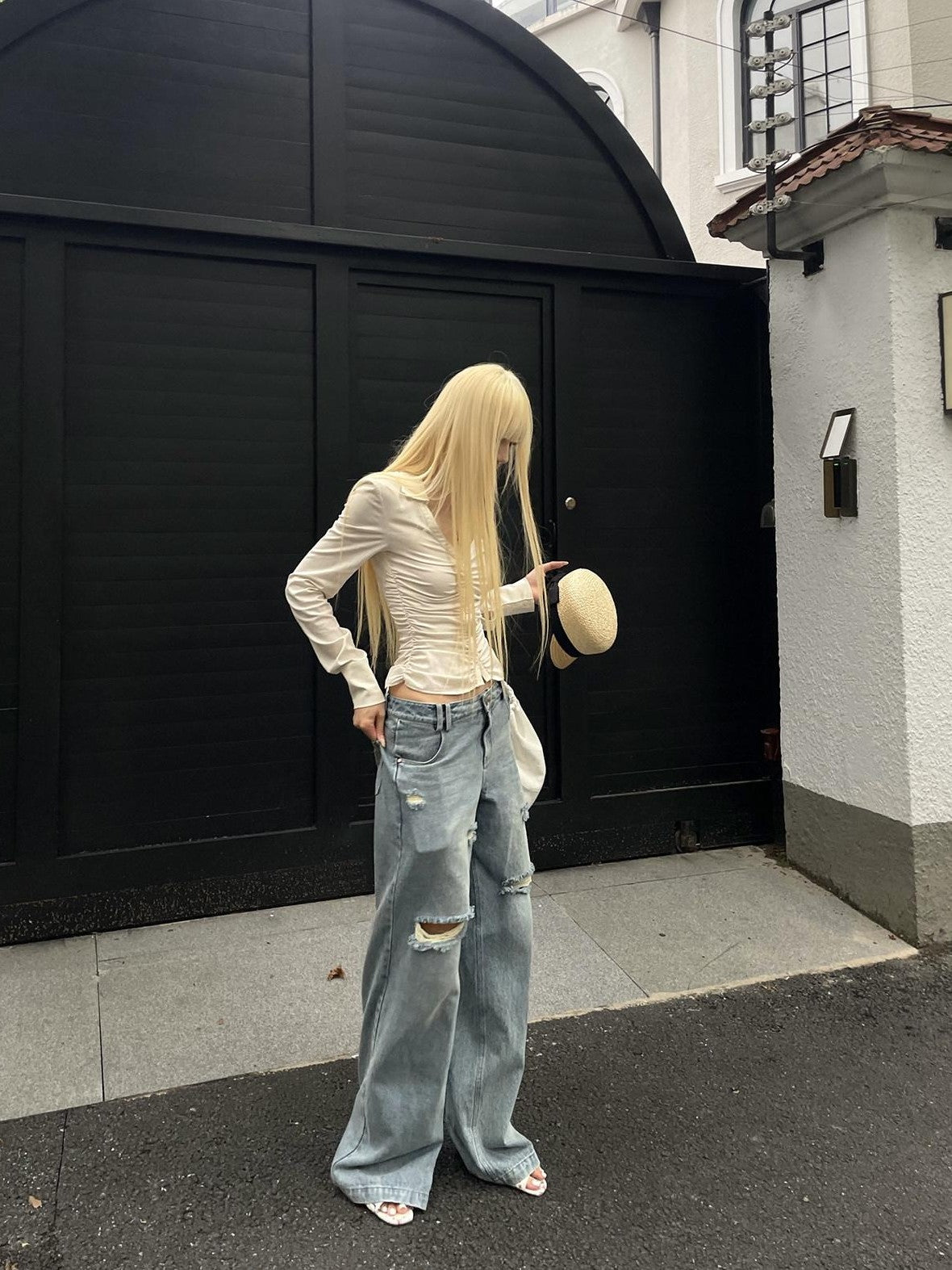 Rase le sol Blue Low Waist Ripped Loose Women's Denim Straight-leg Jeans