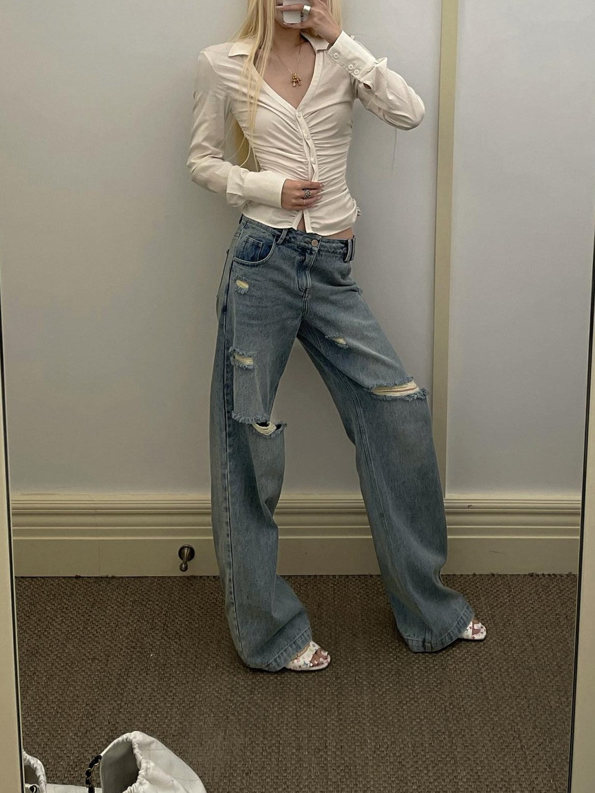 Rase le sol Blue Low Waist Ripped Loose Women's Denim Straight-leg Jeans