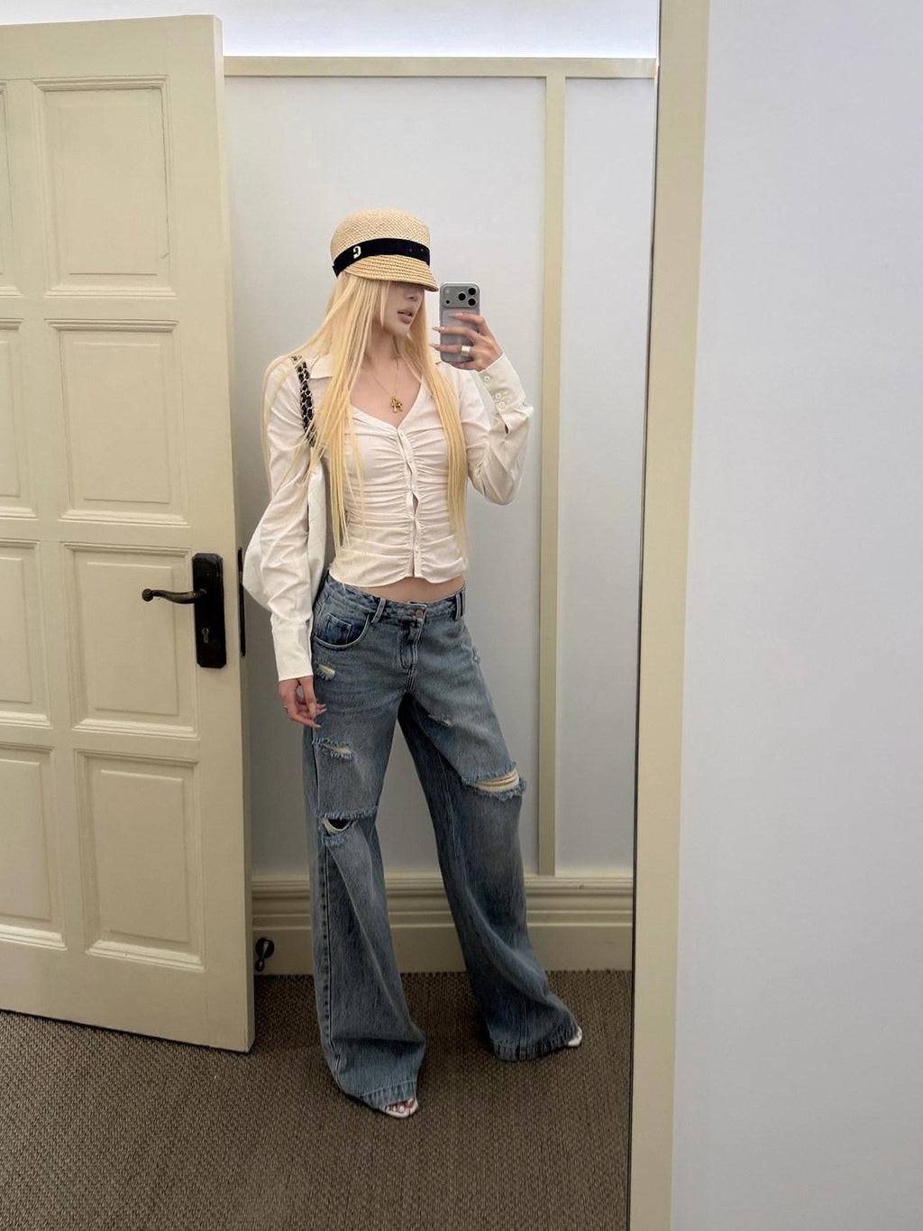 Rase le sol Blue Low Waist Ripped Loose Women's Denim Straight-leg Jeans