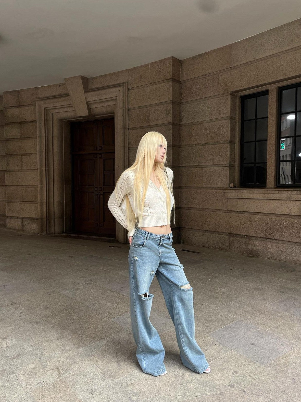 Rase le sol Blue Low Waist Ripped Loose Women's Denim Straight-leg Jeans